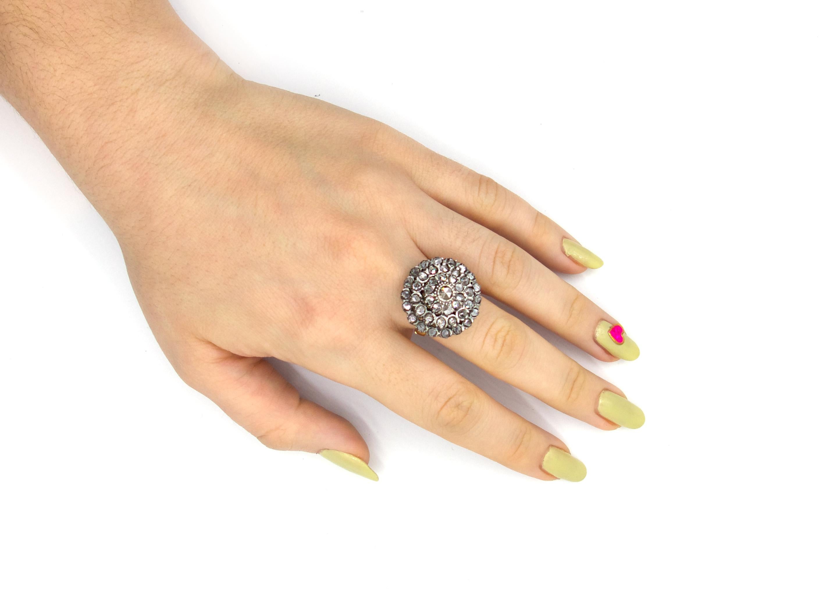 Rose Cut Antique Diamond Cluster Two Toned Ring For Sale