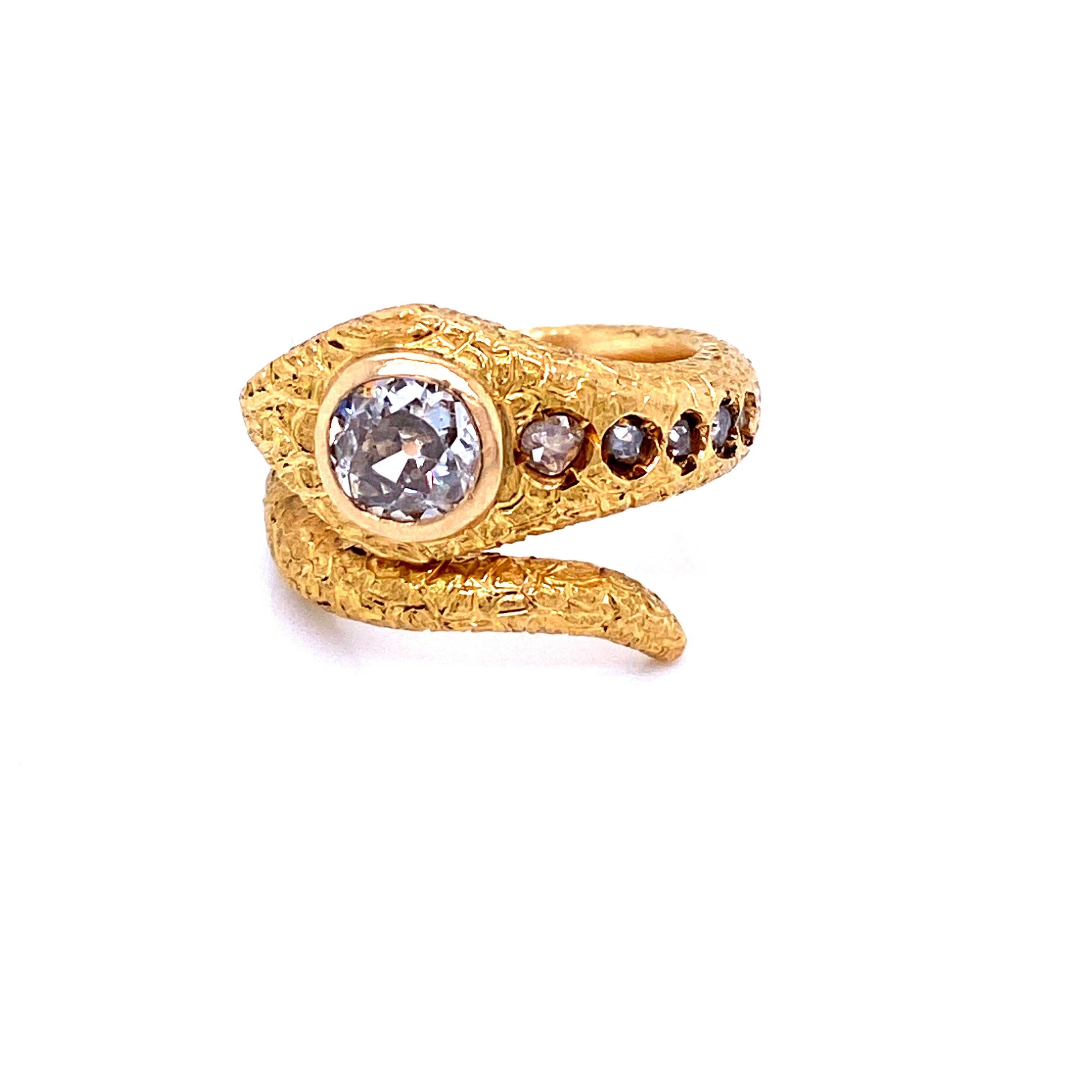 Old Mine Cut Antique Diamond Coiled Snake Engraved Ring