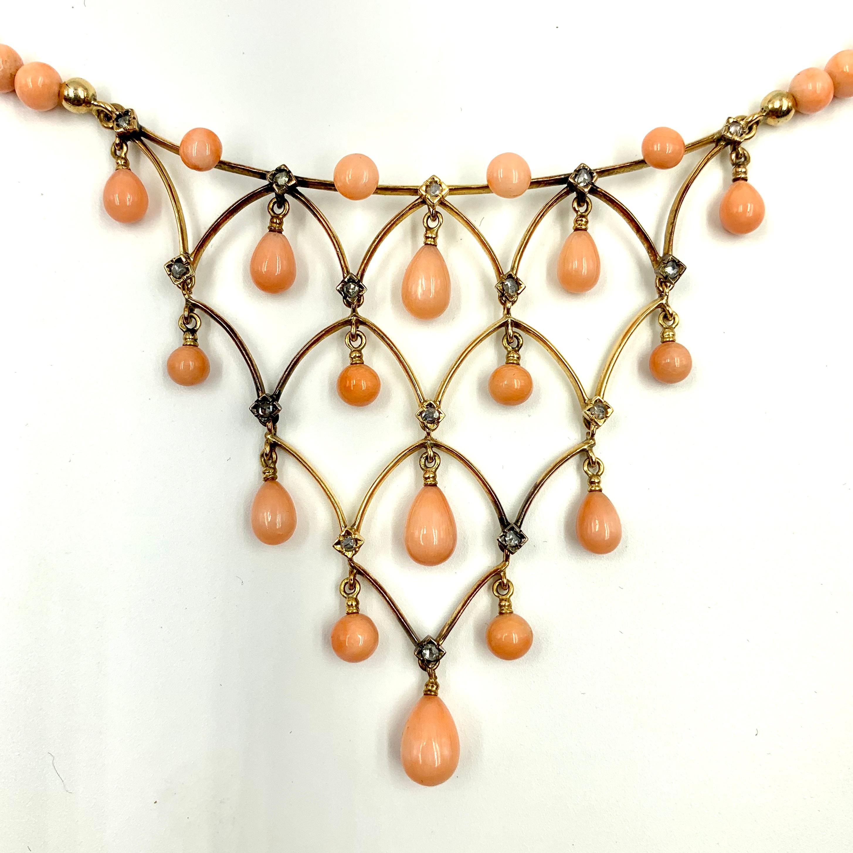 Romantic Antique Diamond, Coral and 18 Karat Yellow Gold Necklace, circa 1870 For Sale