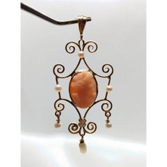 Antique Diamond Coral cameo pendant lavaliere. 10k Gold diamond buttercup Carved