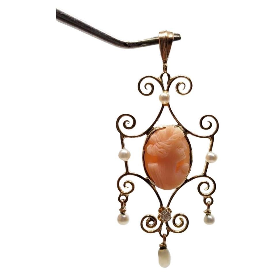 Antique Diamond Coral cameo pendant lavaliere. 10k Gold diamond buttercup Carved
