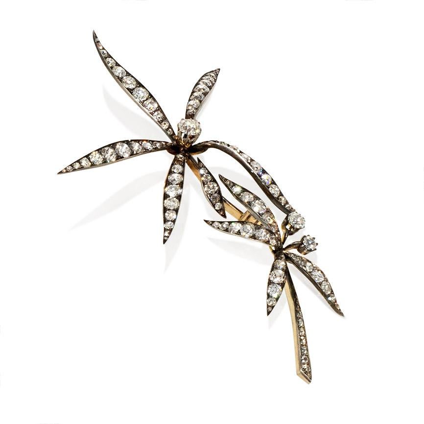 An antique diamond corsage brooch designed as a flowering branch, in sterling silver and 18k gold. French import marks.  Atw 14.75 cts.

Dimensions: 5
