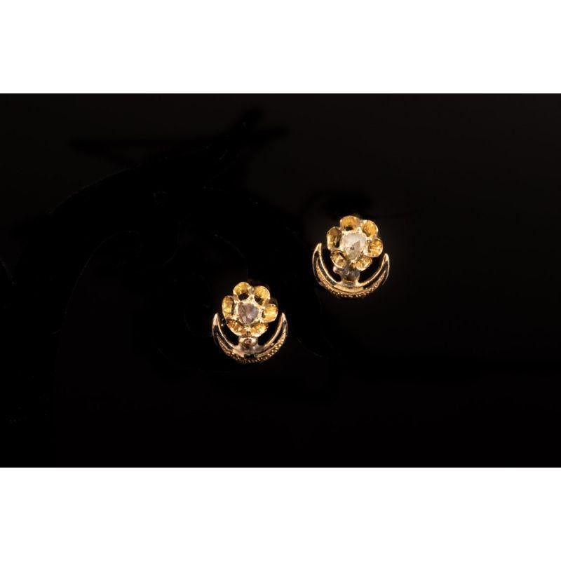 Victorian Antique Diamond Crescent and Flower Earrings, French Antique Diamond Earrings