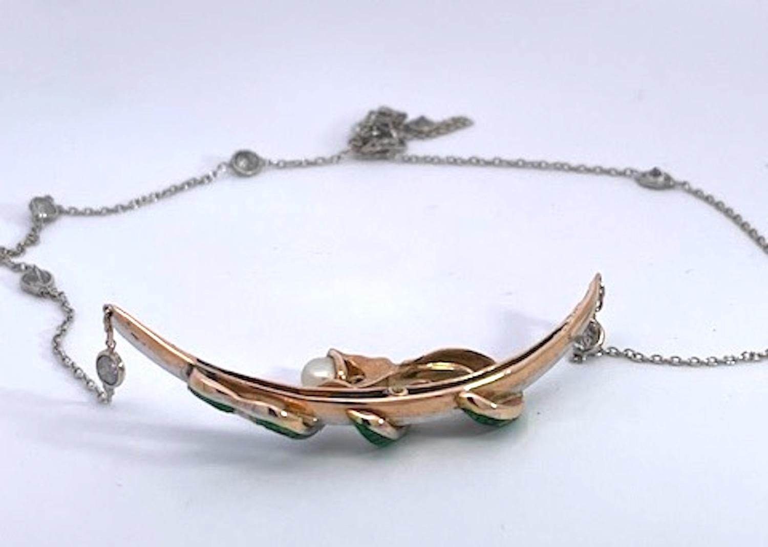 Antique Diamond Crescent Enamel Snake with Pearl on Diamond Chain For Sale 4