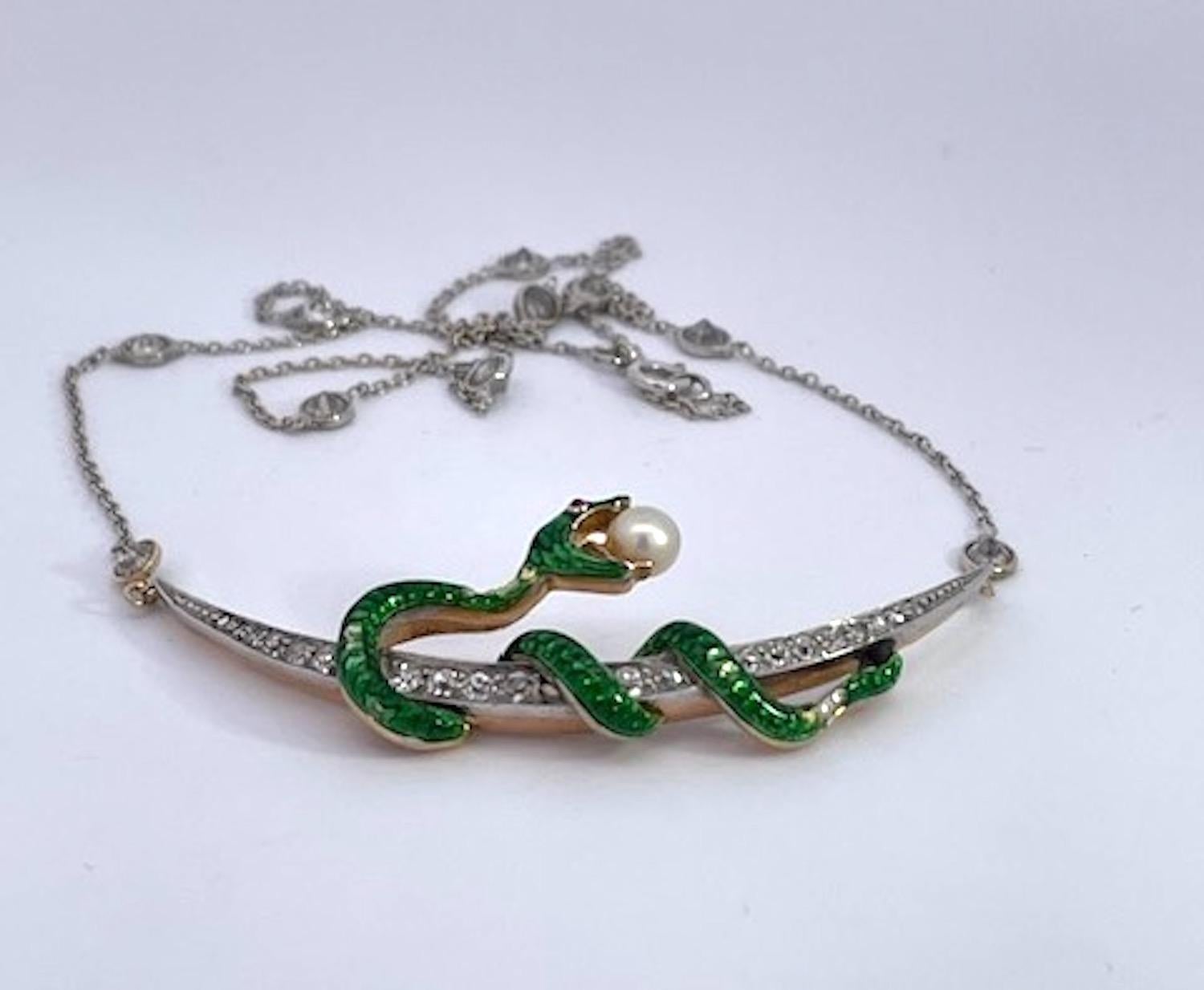 Antique Diamond Crescent Enamel Snake with Pearl on Diamond Chain For Sale 5