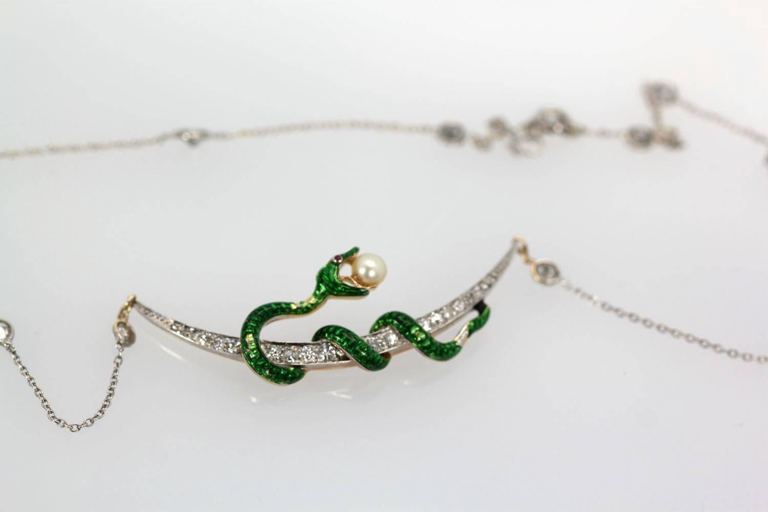 Art Nouveau Antique Diamond Crescent Enamel Snake with Pearl on Diamond Chain For Sale