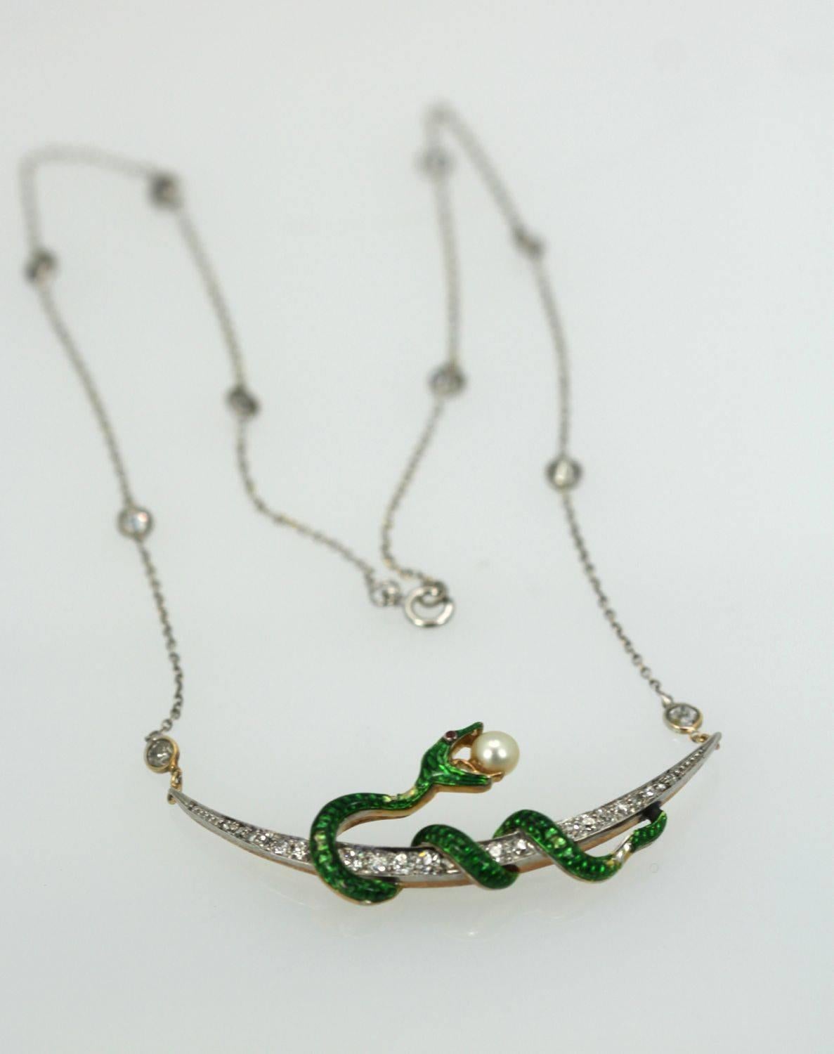 Round Cut Antique Diamond Crescent Enamel Snake with Pearl on Diamond Chain For Sale