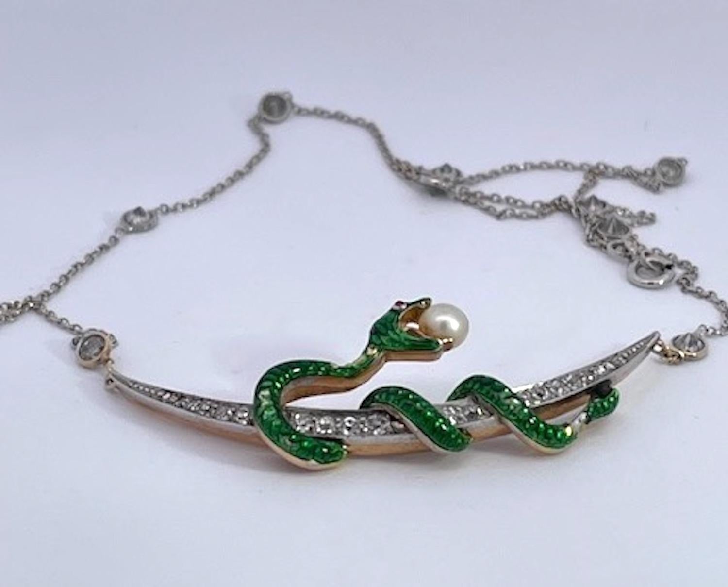 Round Cut Antique Diamond Crescent Enamel Snake with Pearl on Diamond Chain For Sale