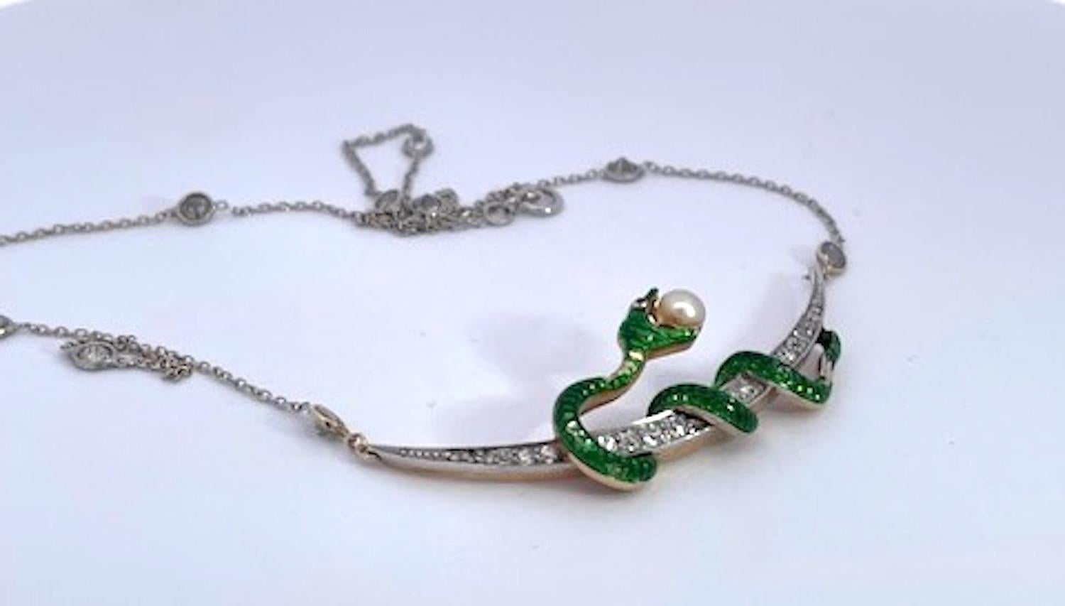 Antique Diamond Crescent Enamel Snake with Pearl on Diamond Chain For Sale 2