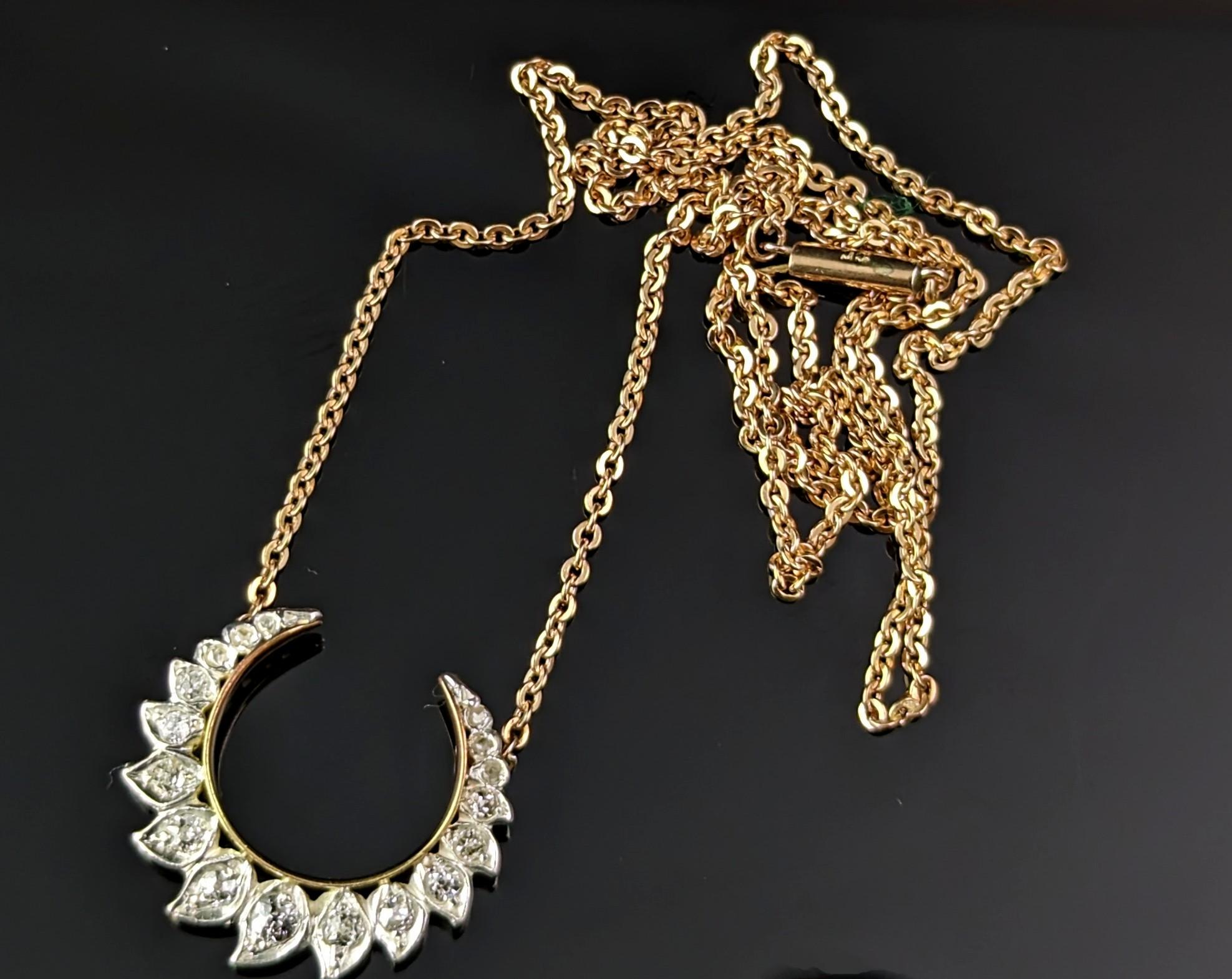 Antique Diamond Crescent moon pendant, Necklace, 9k gold, Conversion  4