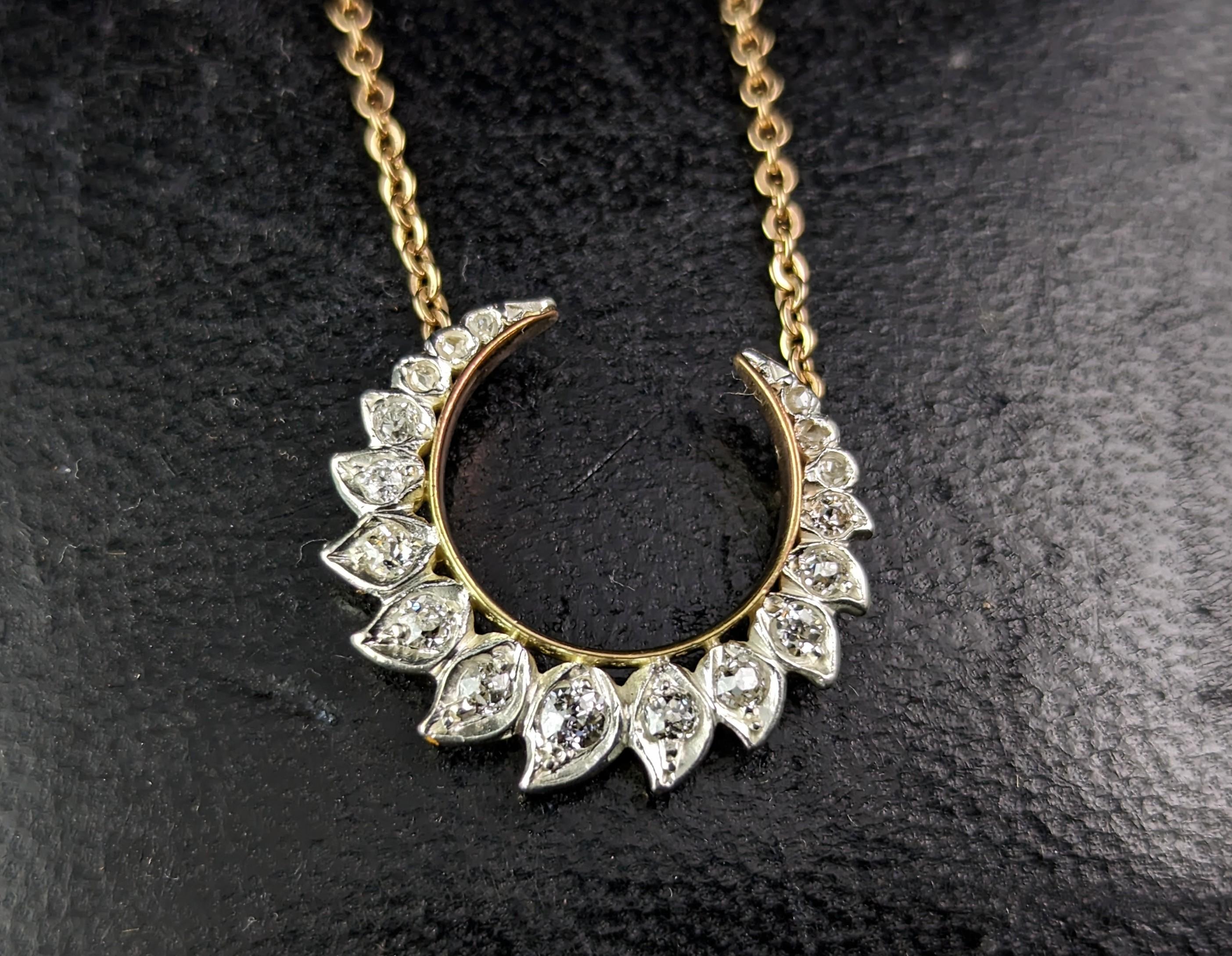 Antique Diamond Crescent moon pendant, Necklace, 9k gold, Conversion  5