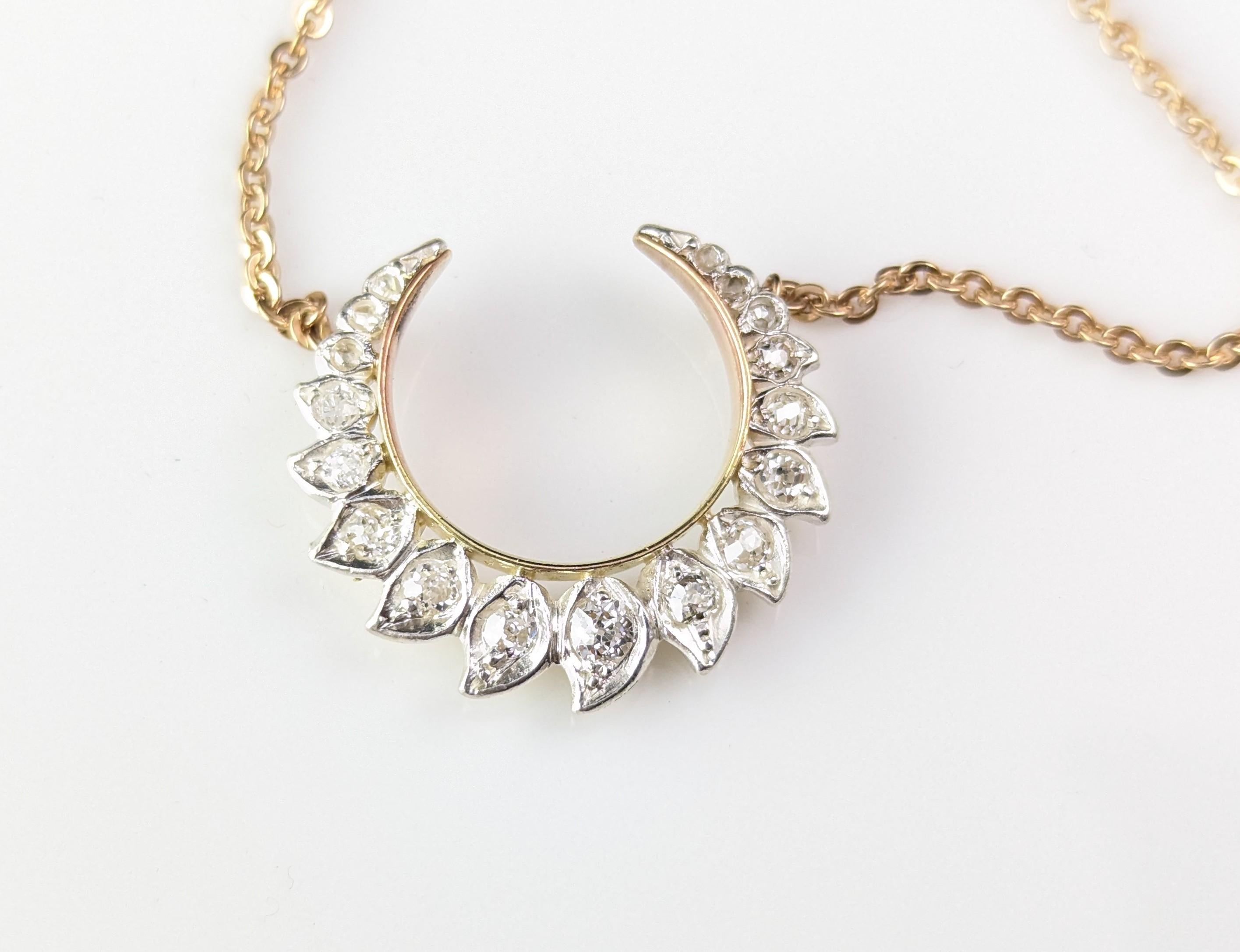 Antique Diamond Crescent moon pendant, Necklace, 9k gold, Conversion  7