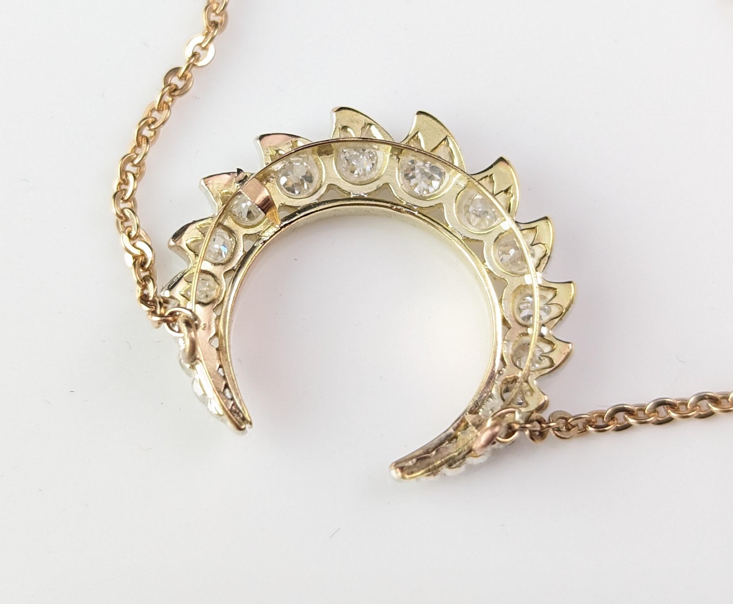 Antique Diamond Crescent moon pendant, Necklace, 9k gold, Conversion  8
