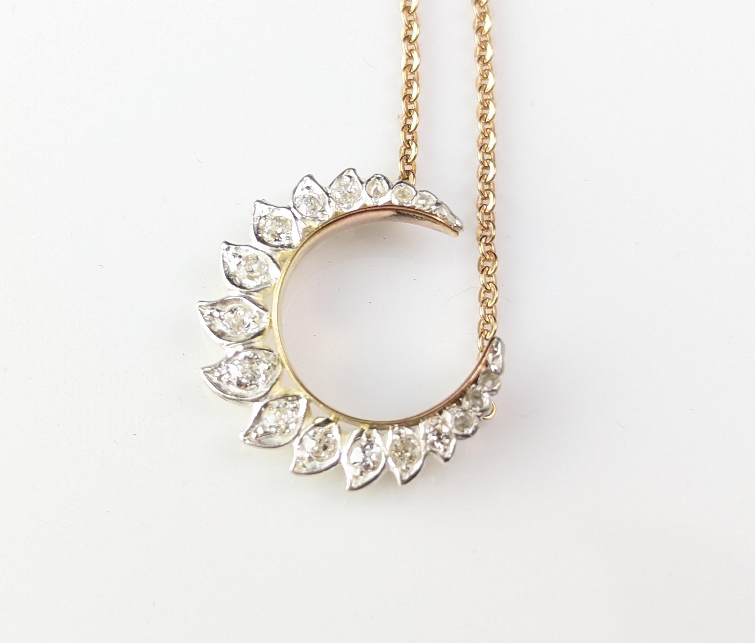 Antique Diamond Crescent moon pendant, Necklace, 9k gold, Conversion  9