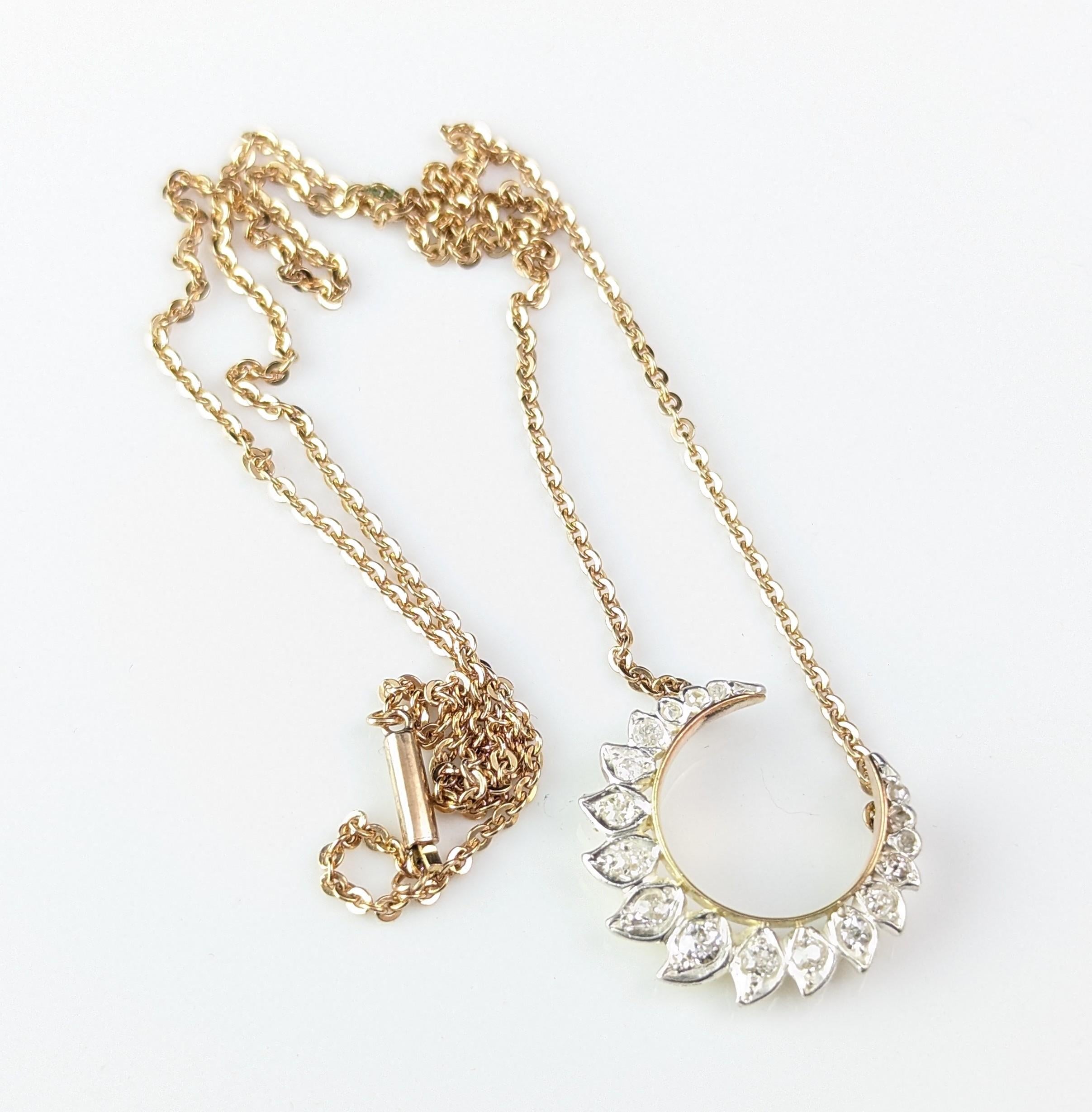 Antique Diamond Crescent moon pendant, Necklace, 9k gold, Conversion  10