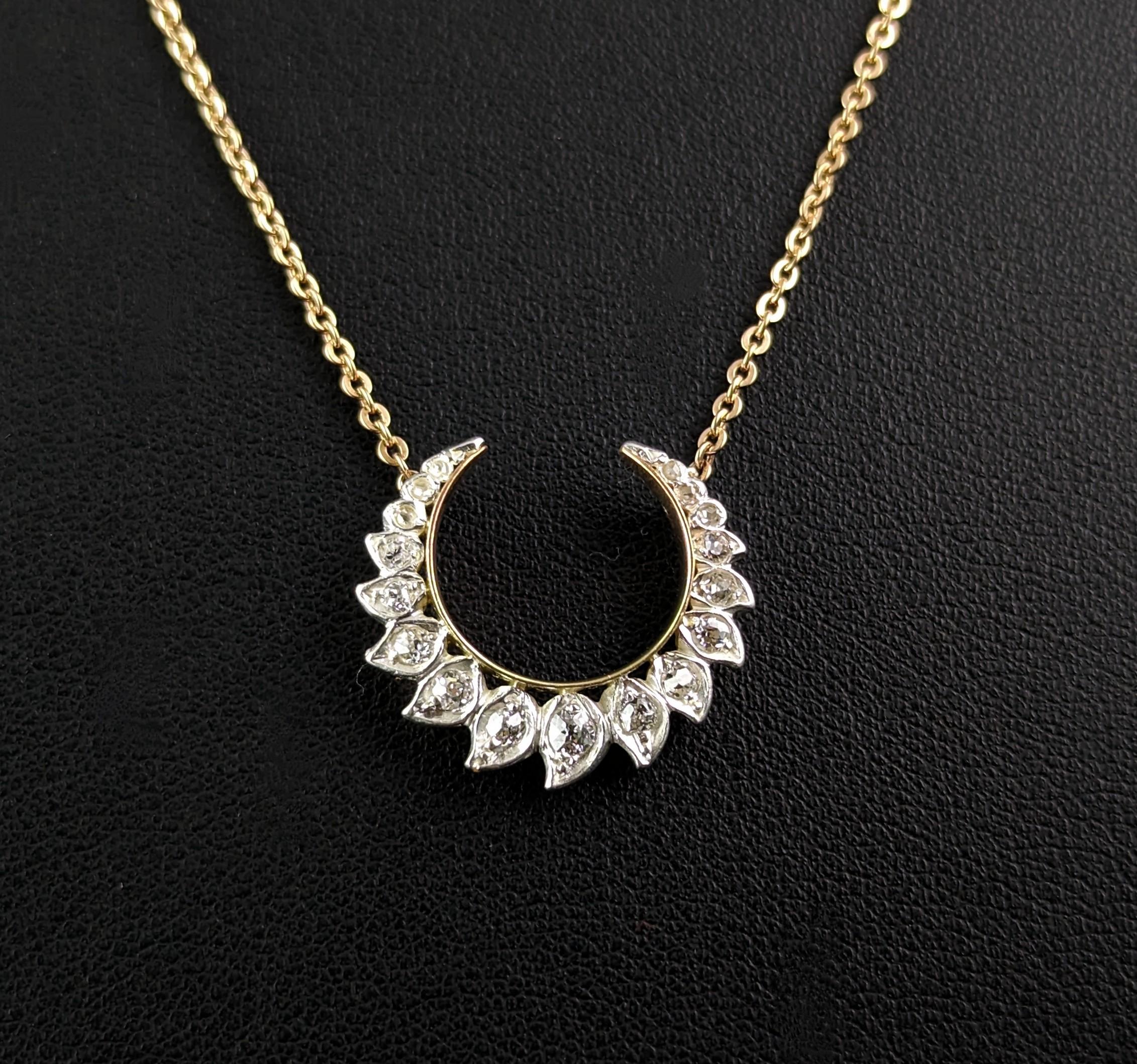 You cannot help but fall in love with this beautiful antique diamond Crescent moon pendant necklace.

This is a conversion piece, the Crescent was originally part of a bar brooch and it has been turned into a pendant necklace along with this pretty