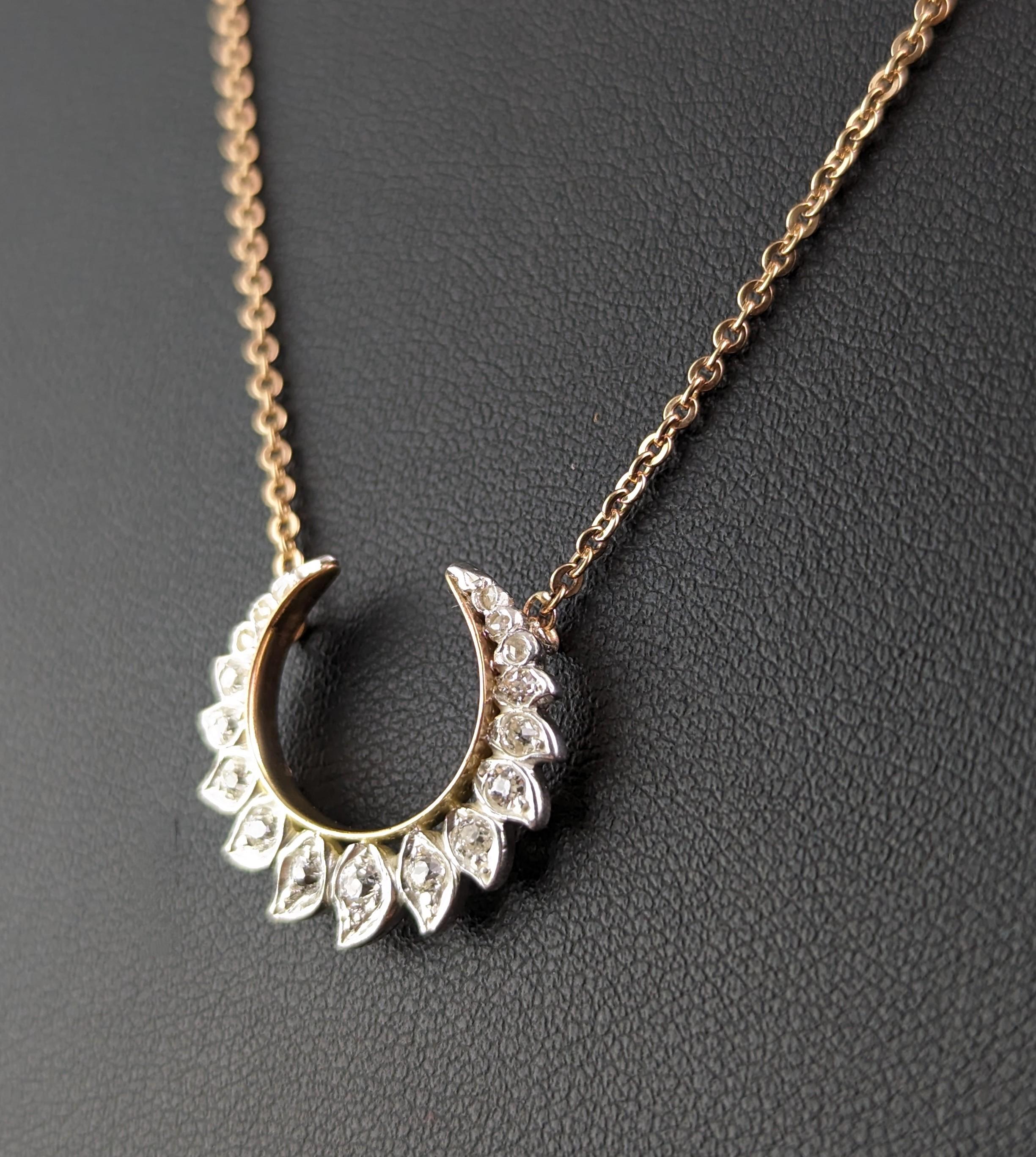 Victorian Antique Diamond Crescent moon pendant, Necklace, 9k gold, Conversion 