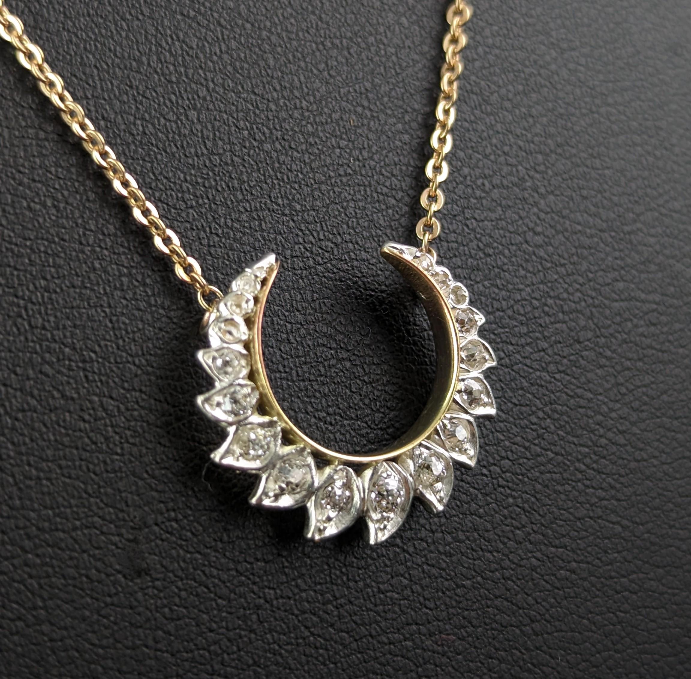 Old Mine Cut Antique Diamond Crescent moon pendant, Necklace, 9k gold, Conversion 
