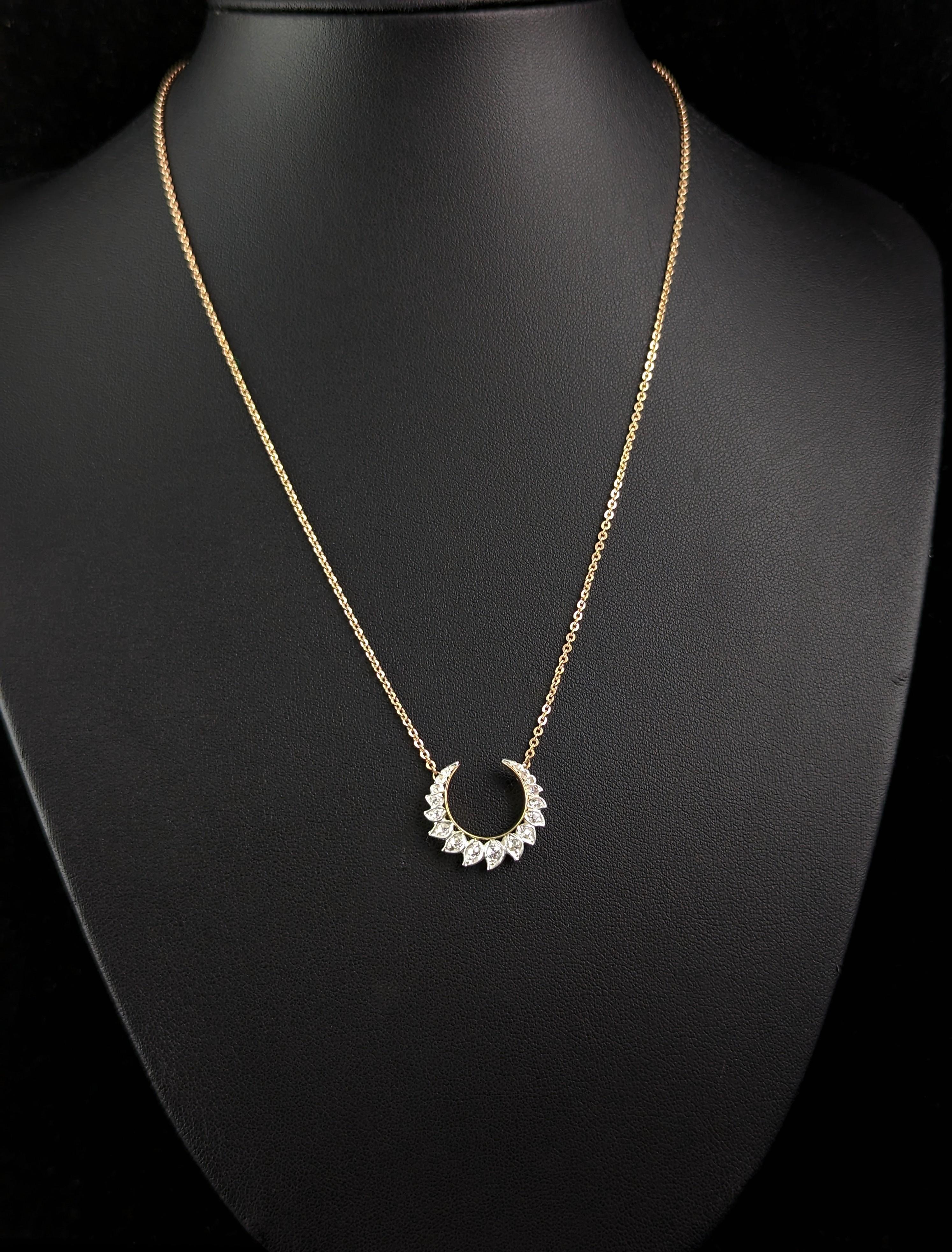 Antique Diamond Crescent moon pendant, Necklace, 9k gold, Conversion  In Good Condition In NEWARK, GB