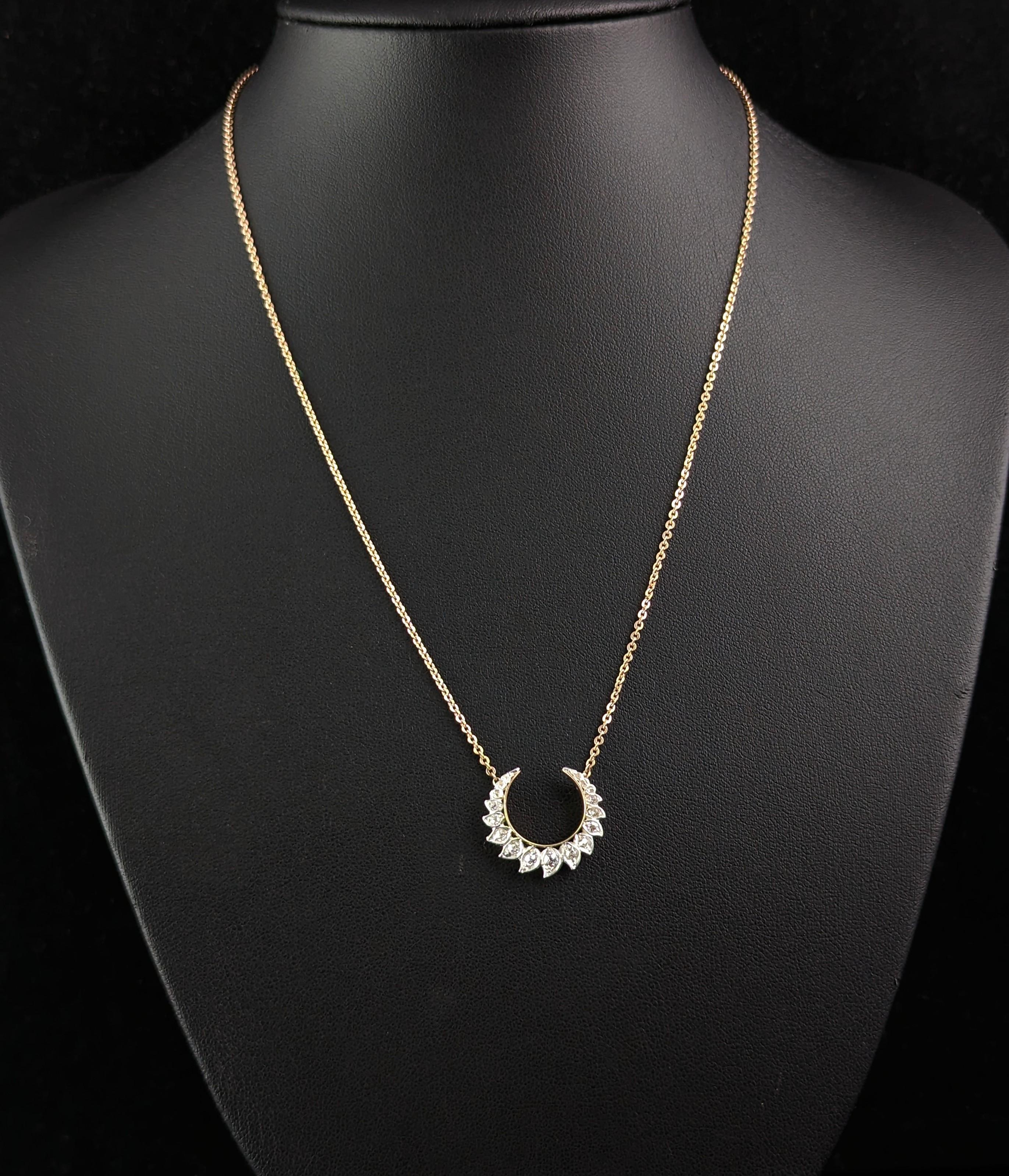 Women's Antique Diamond Crescent moon pendant, Necklace, 9k gold, Conversion 