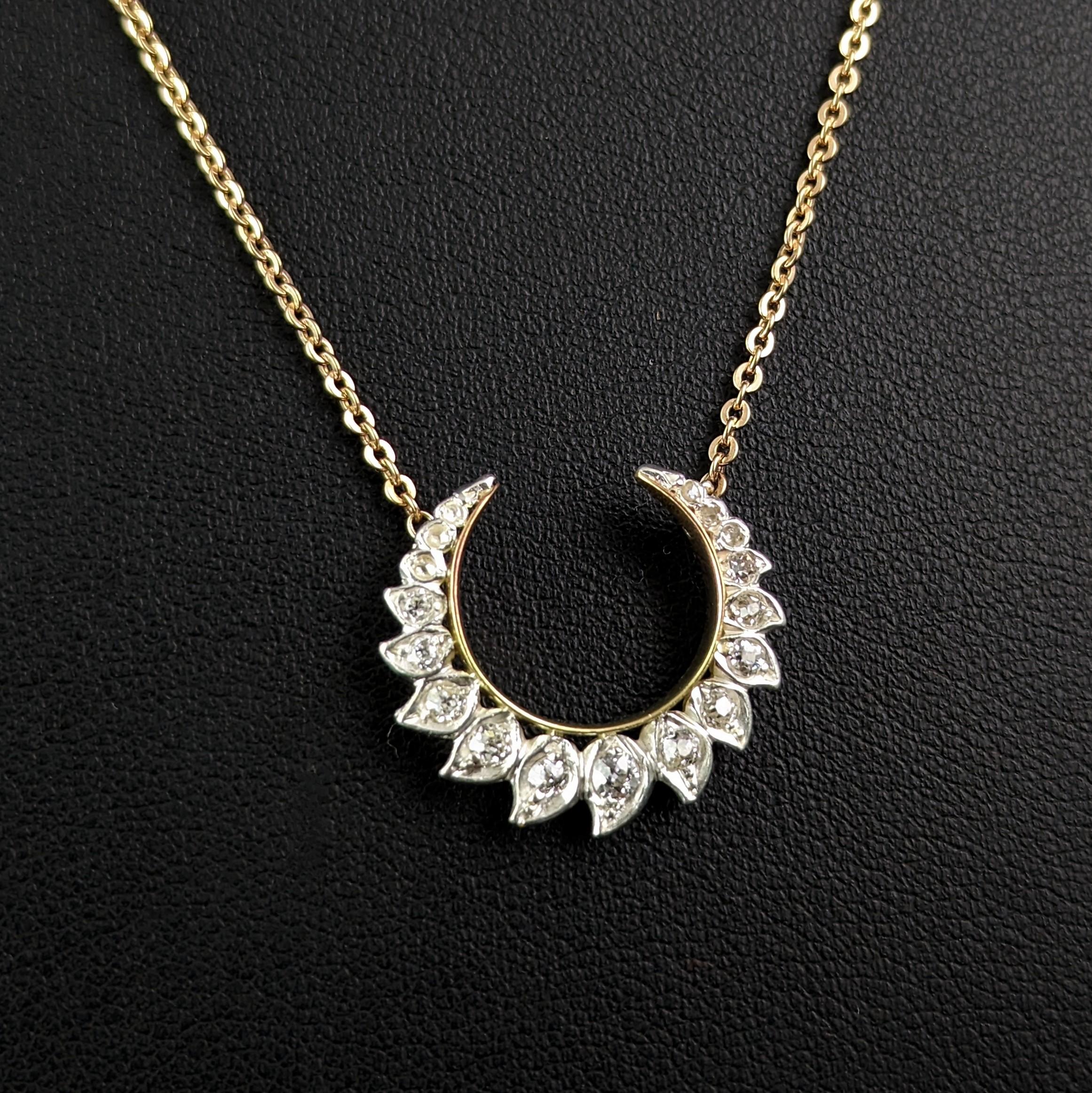 Antique Diamond Crescent moon pendant, Necklace, 9k gold, Conversion  2