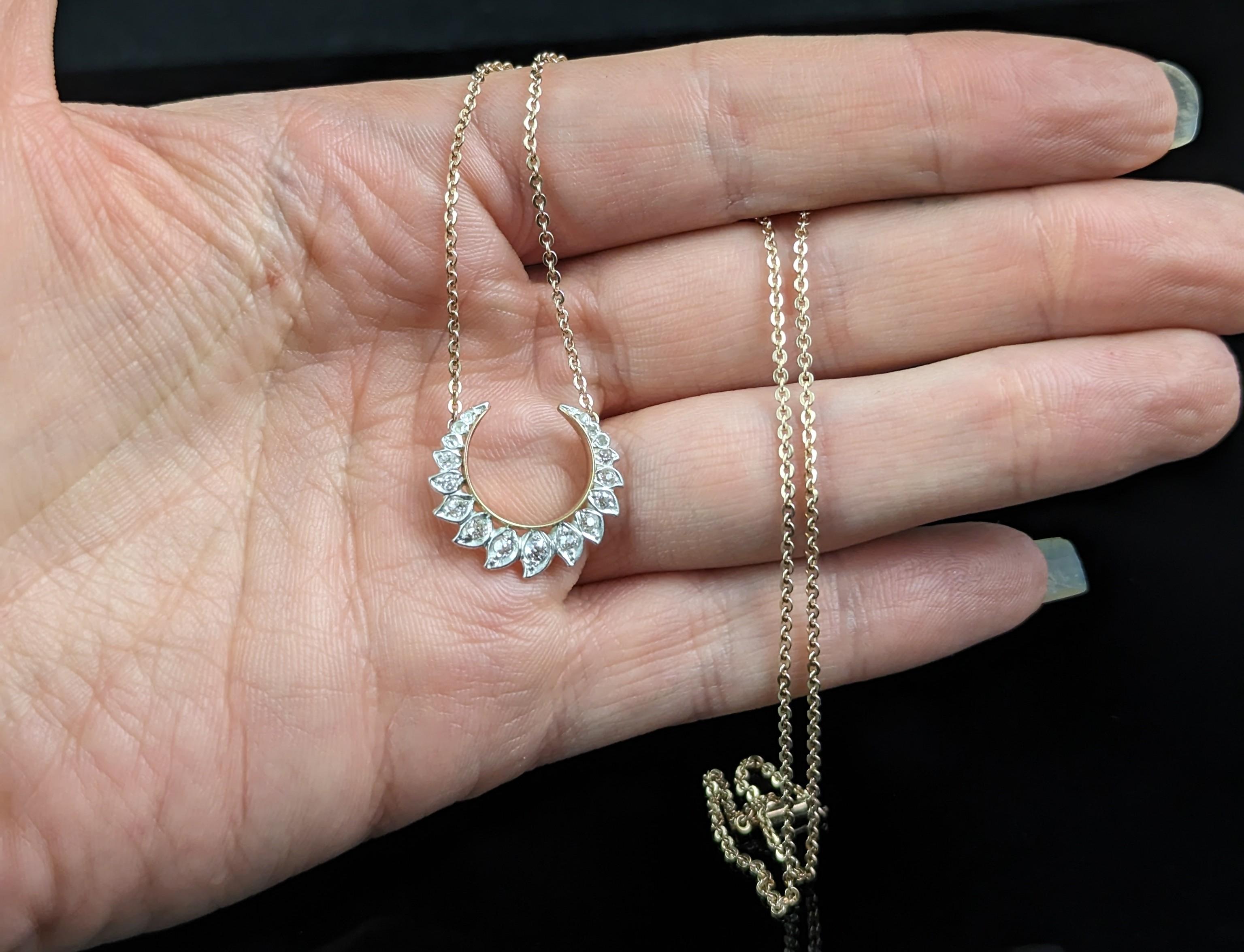 Antique Diamond Crescent moon pendant, Necklace, 9k gold, Conversion  3