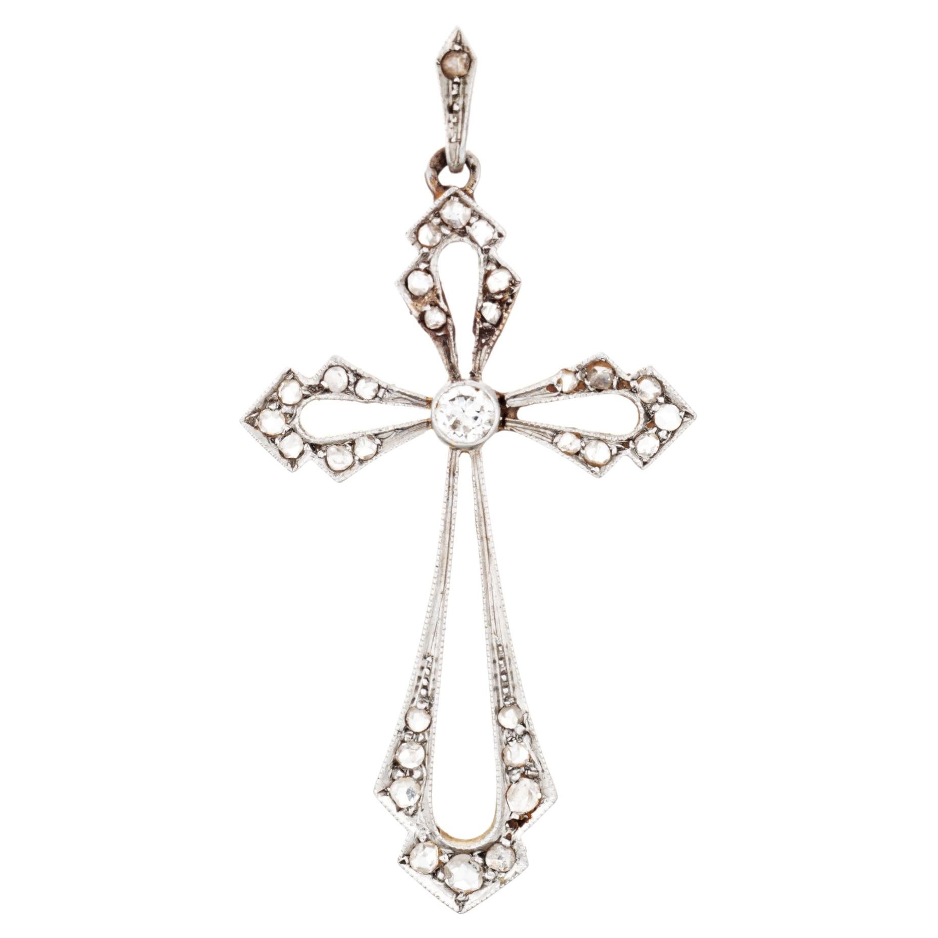 Antiker Diamant-Kreuz-Anhänger aus 18-karätigem Gold und Platin – edler religiöser Schmuck im Angebot