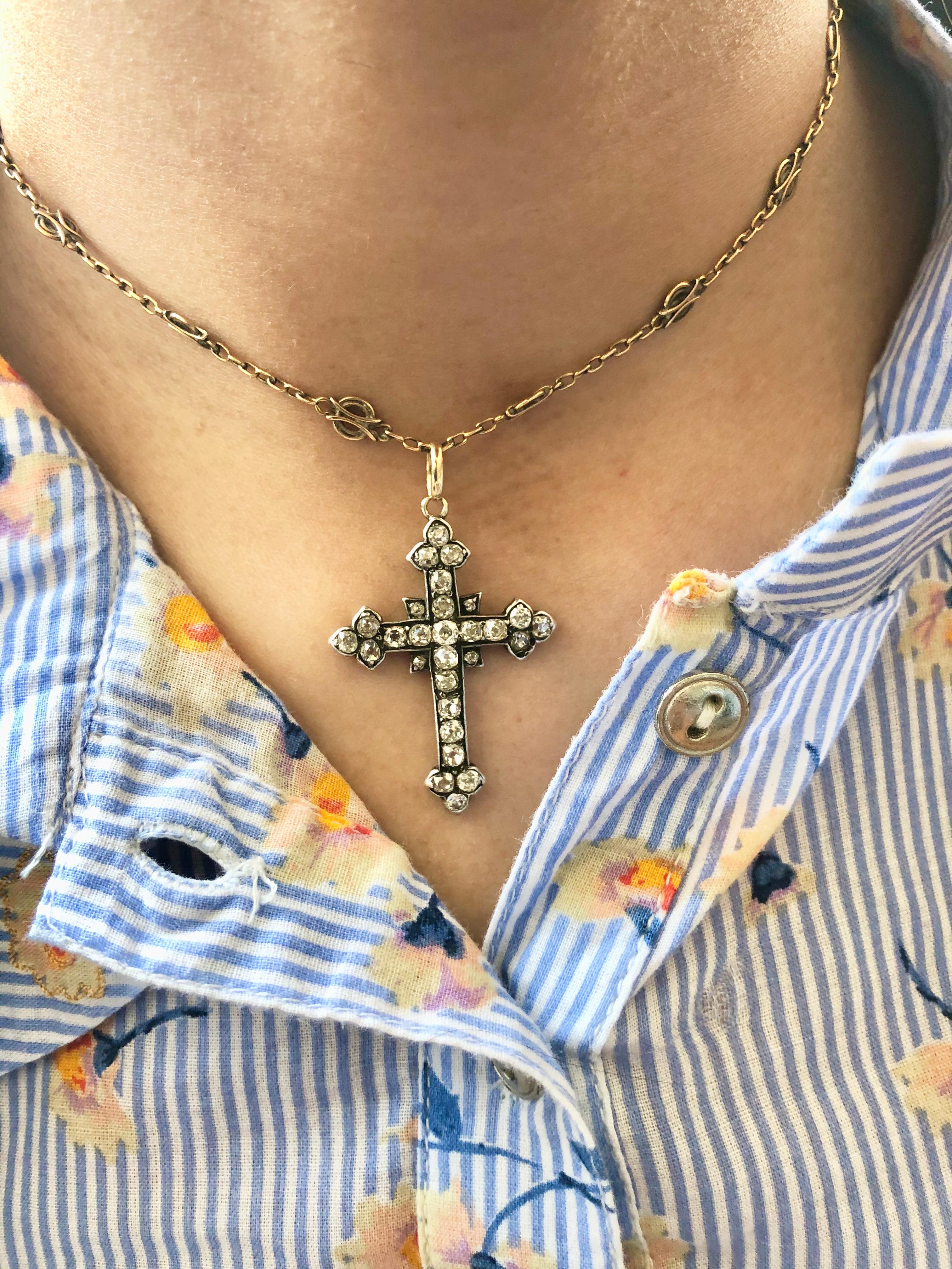 Victorian Antique Diamond Cross with Gold Chain, 19th Century