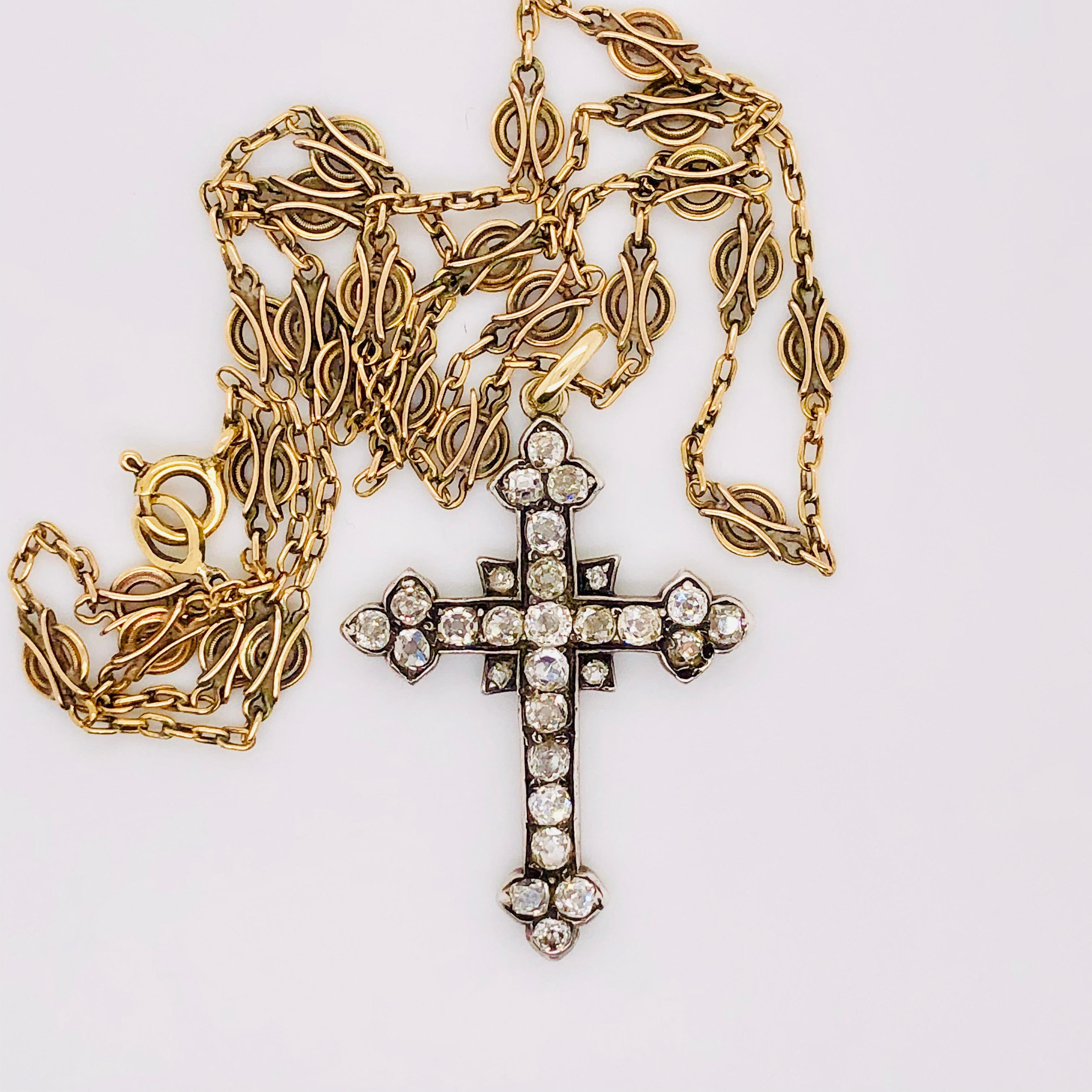 Antique Diamond Cross with Gold Chain, 19th Century In Excellent Condition In Idar-Oberstein, DE