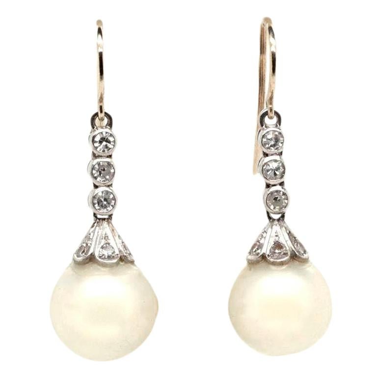 Antique Diamond Cultured Pearl 18 Karat White Gold Drop Earrings