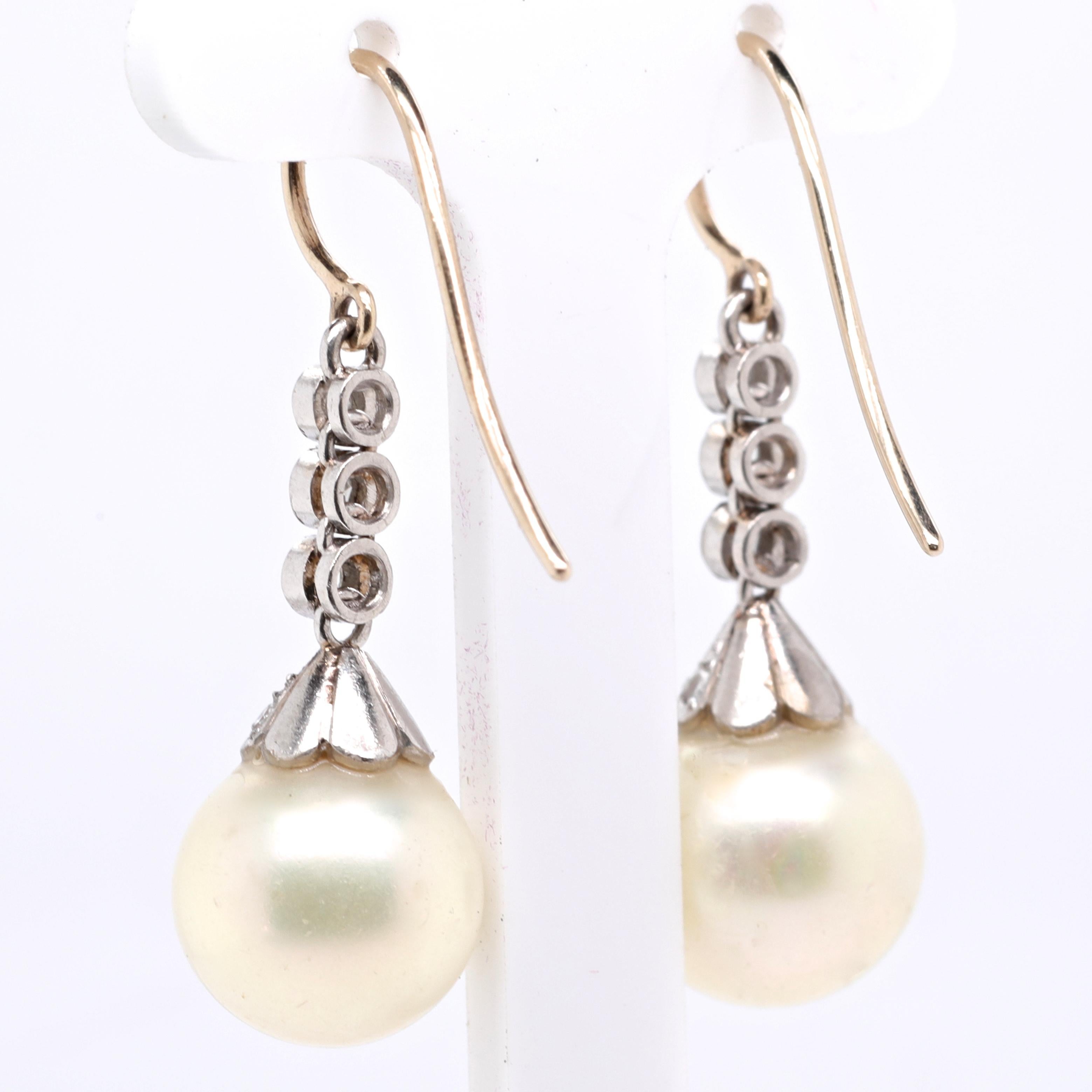 Edwardian Antique Diamond Cultured Pearl 18 Karat White Gold Drop Earrings