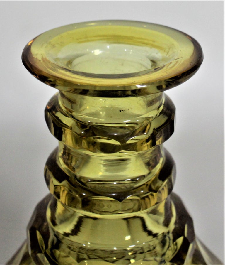 Hand-Crafted Antique Diamond Cut Crystal Yellow Glass Liquor Decanter or Bottle For Sale