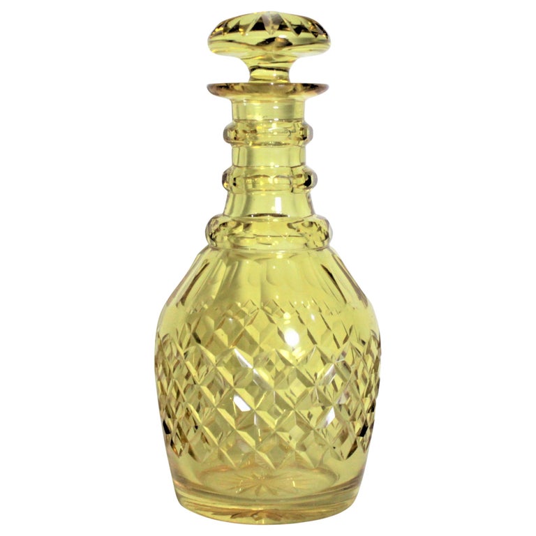 Antique Diamond Cut Crystal Yellow Glass Liquor Decanter or Bottle For Sale