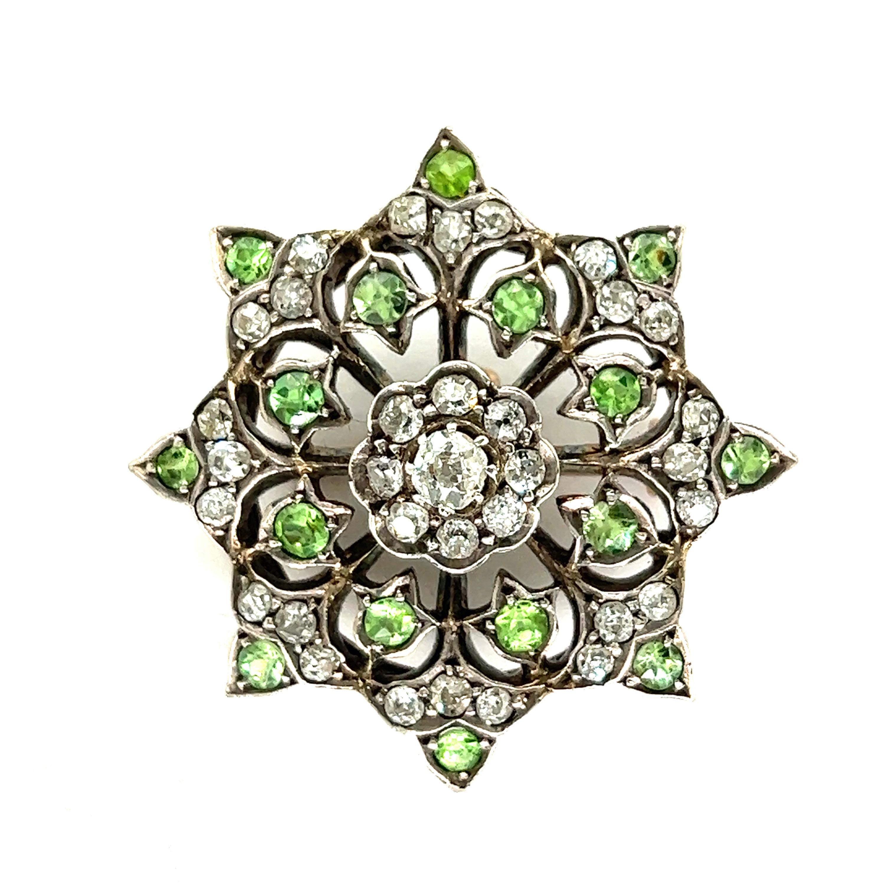 Antique Diamond Demantoid Brooch

Round-cut diamonds of approximately 1.4 carats, round-cut demantoids of approximately 1 carat

Size: width 3 cm, length 3 cm
Total weight: 10.6 grams