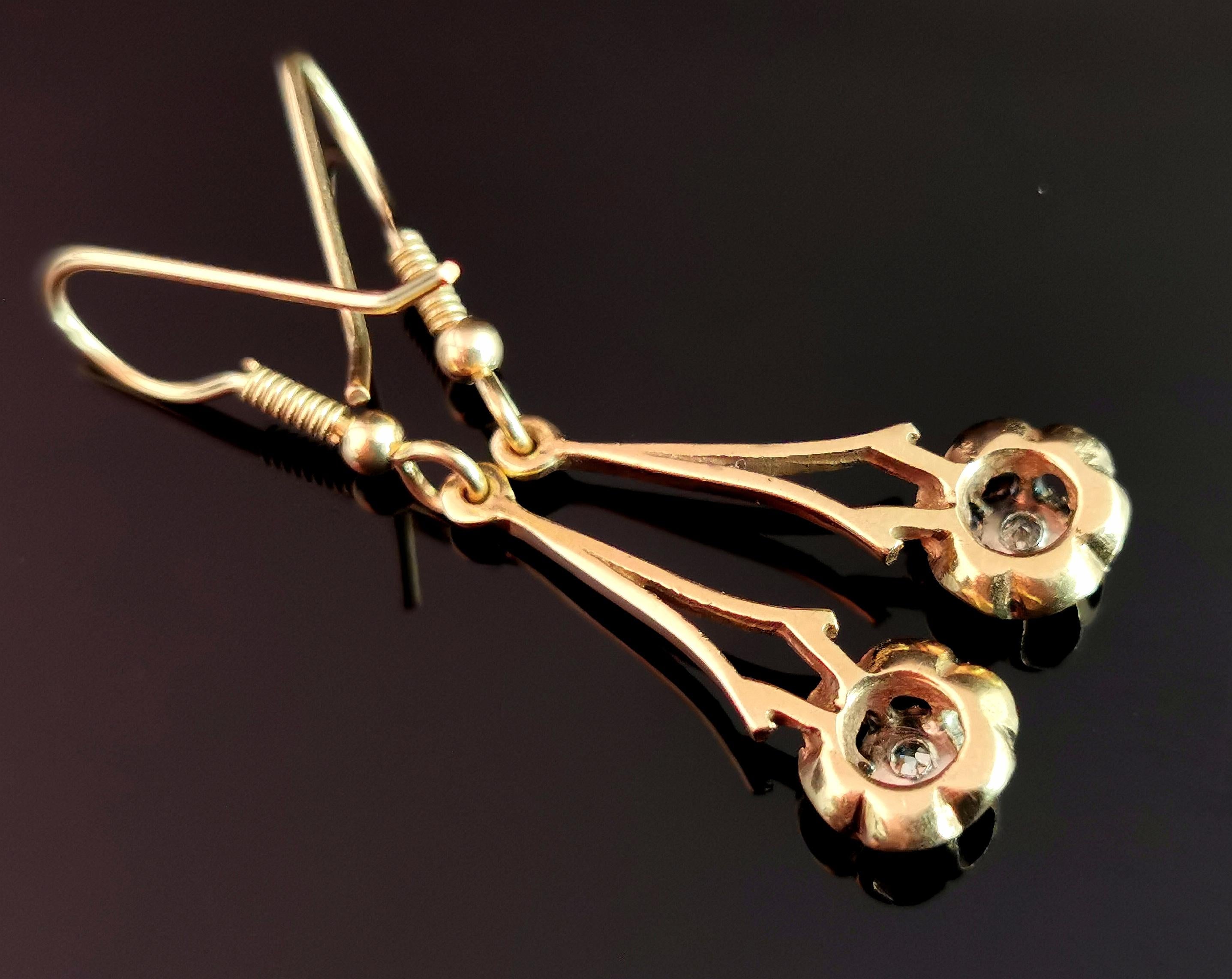 Antique Diamond Drop Earrings, 9k Yellow Gold, Edwardian In Good Condition In NEWARK, GB
