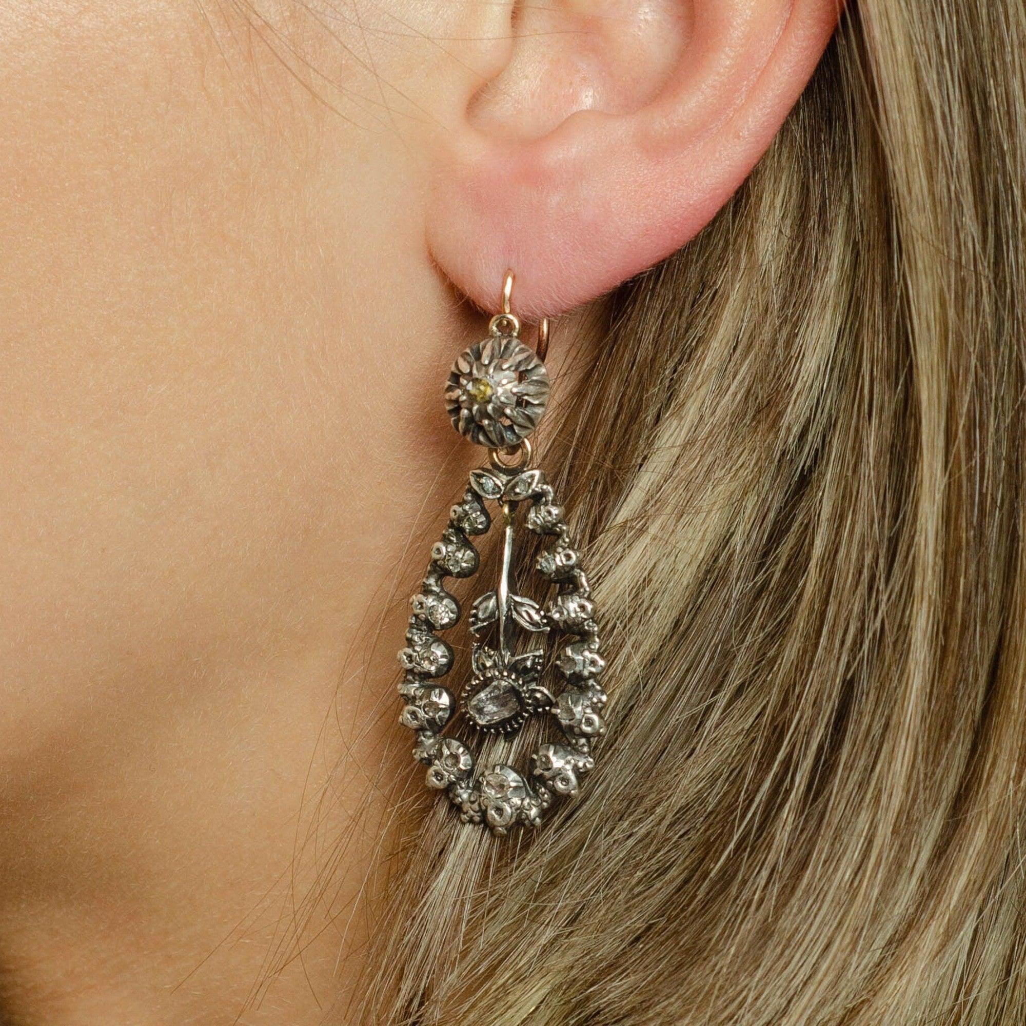 Donna Orecchini con diamanti antichi in argento e oro rosa 14k in vendita