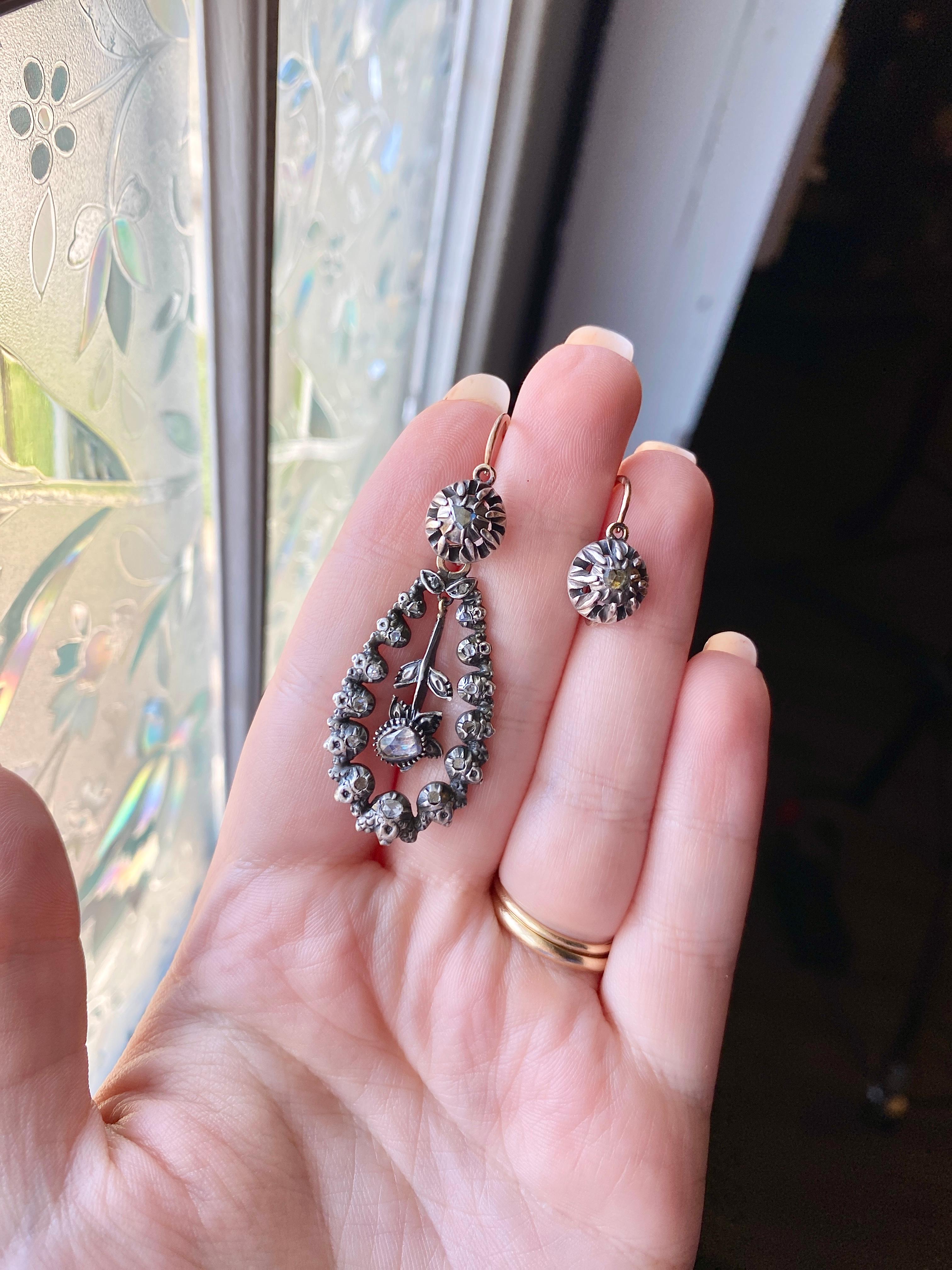 Orecchini con diamanti antichi in argento e oro rosa 14k in vendita 1