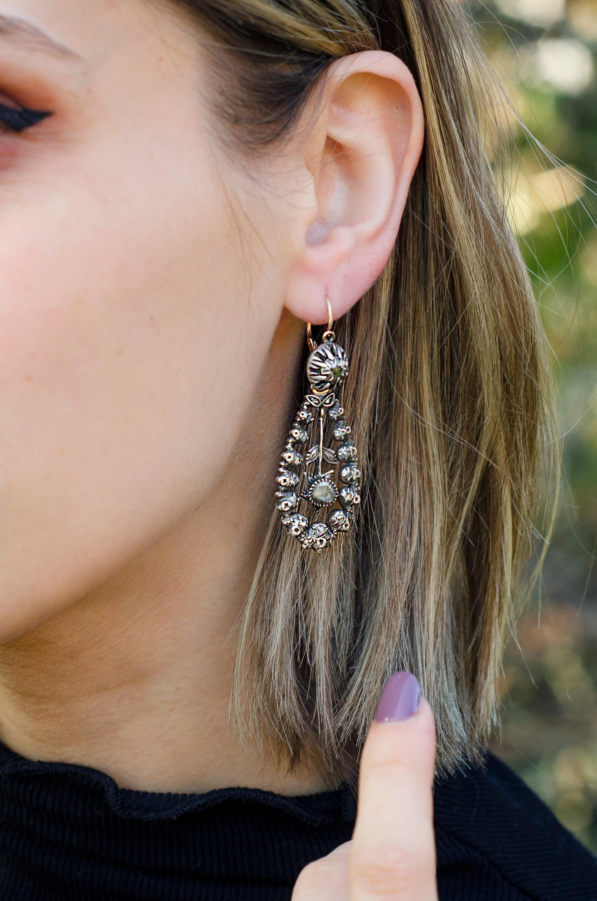 Orecchini con diamanti antichi in argento e oro rosa 14k in vendita 2