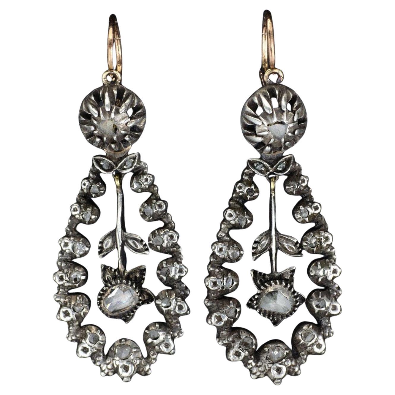 Antique Diamond Earrings of Silver with 14k Rose Gold