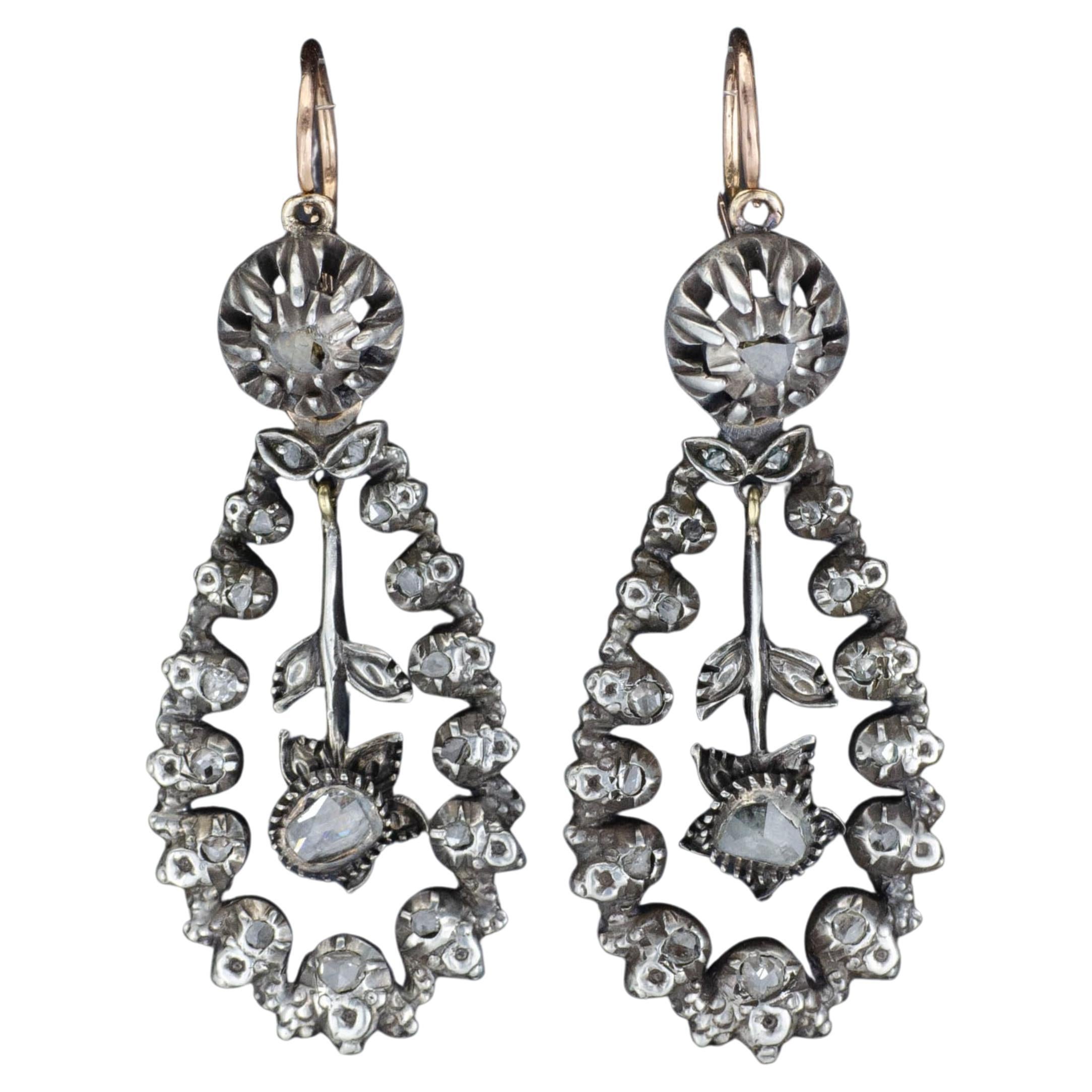 Pendientes Antiguos de Diamantes de Plata con Oro Rosa de 14k en venta