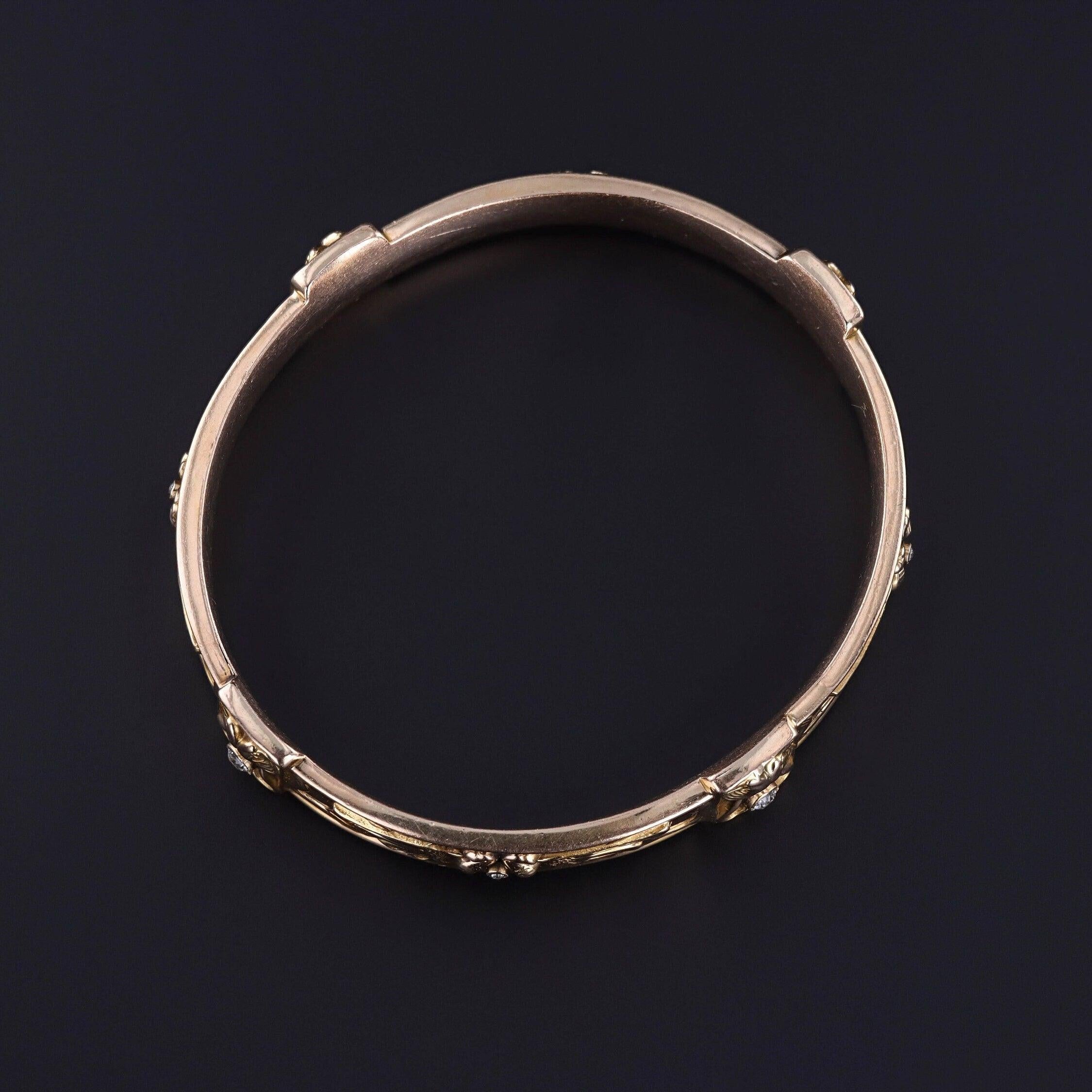 Old European Cut Antique Diamond Egyptian Revival Bangle of 14k Gold For Sale