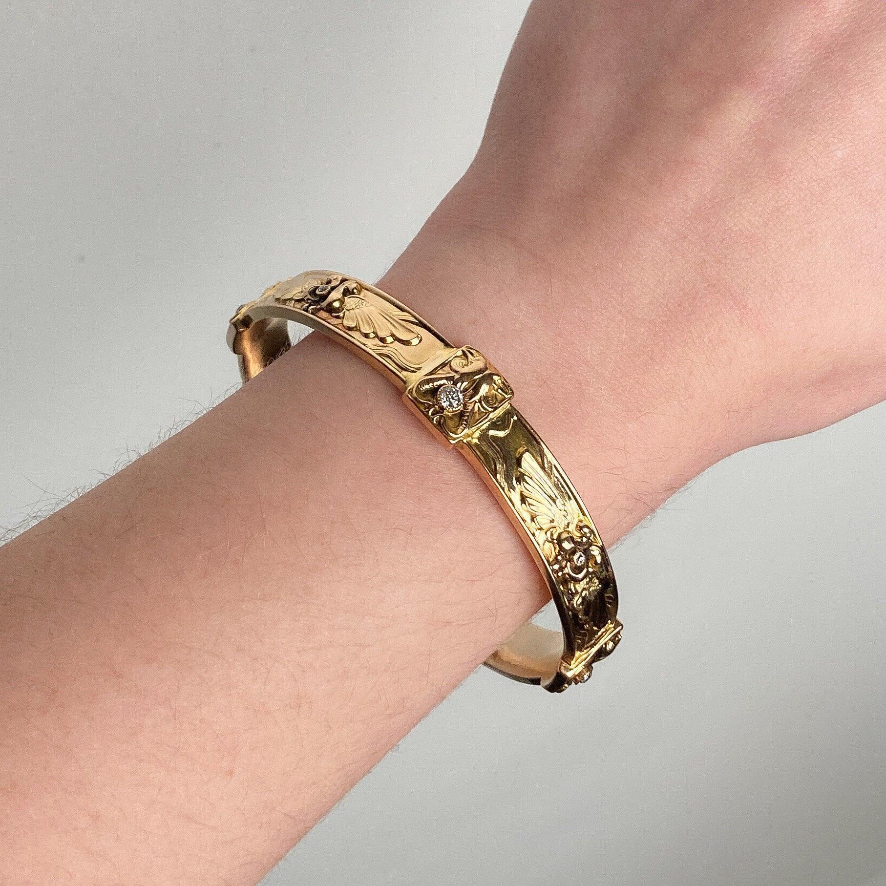 Antique Diamond Egyptian Revival Bangle of 14k Gold In Good Condition For Sale In Lewisburg, PA
