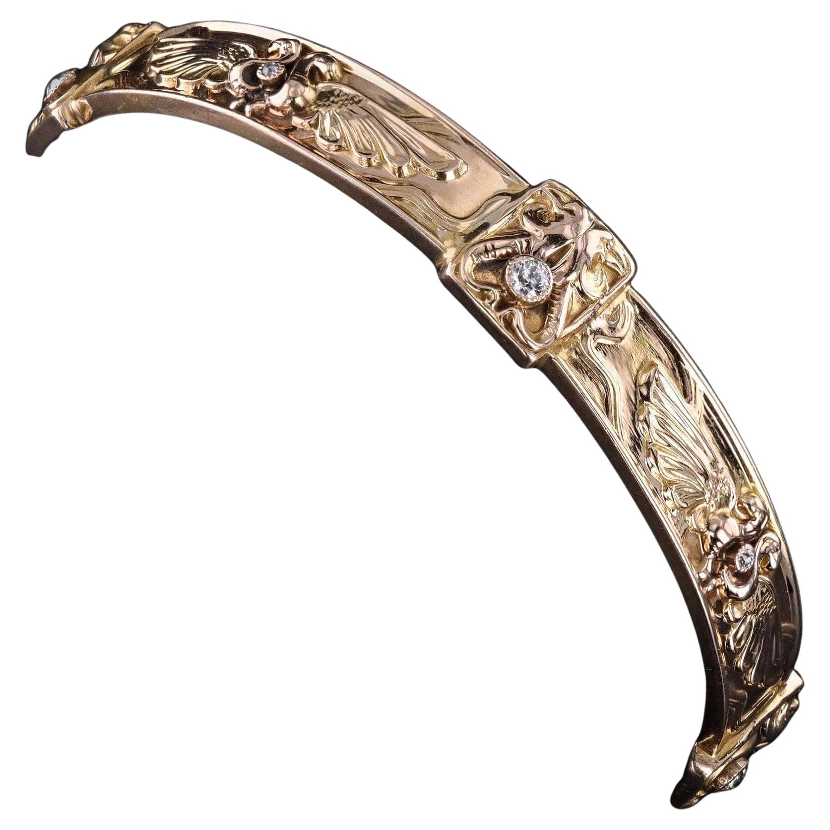 Antique Diamond Egyptian Revival Bangle of 14k Gold