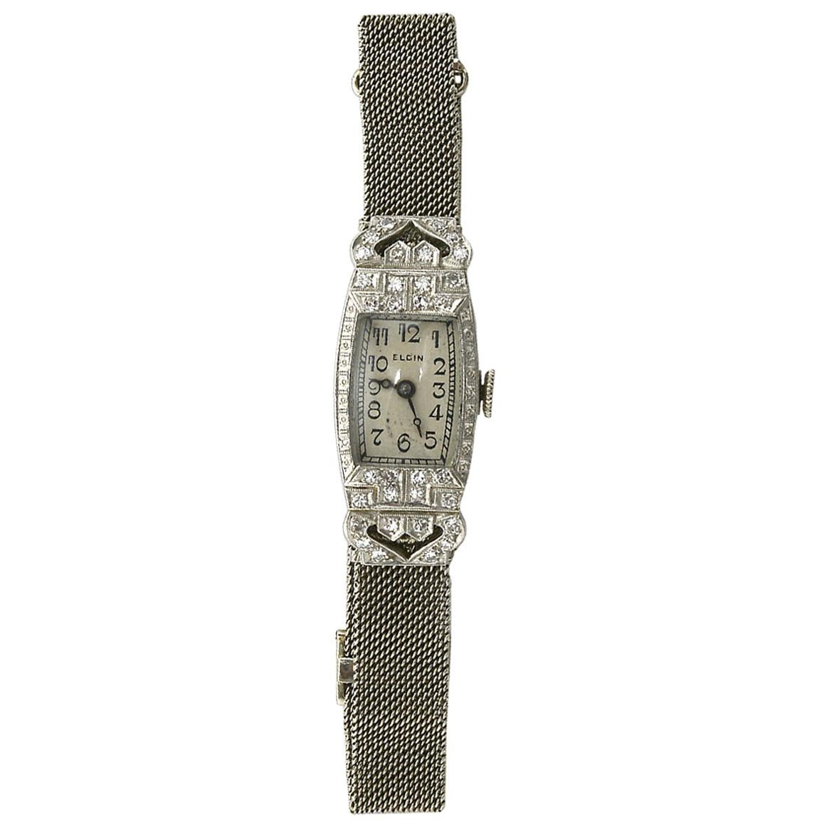 Antique Diamond Elgin Watch Platinum White Gold Thin Mesh Strap Art Deco Quartz