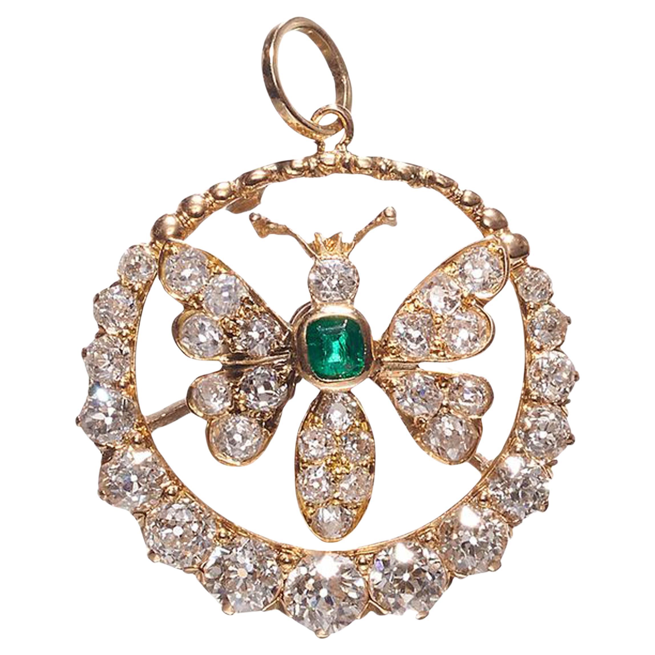 Antique Diamond, Emerald and Gold Butterfly Pendant, Circa 1880 For Sale