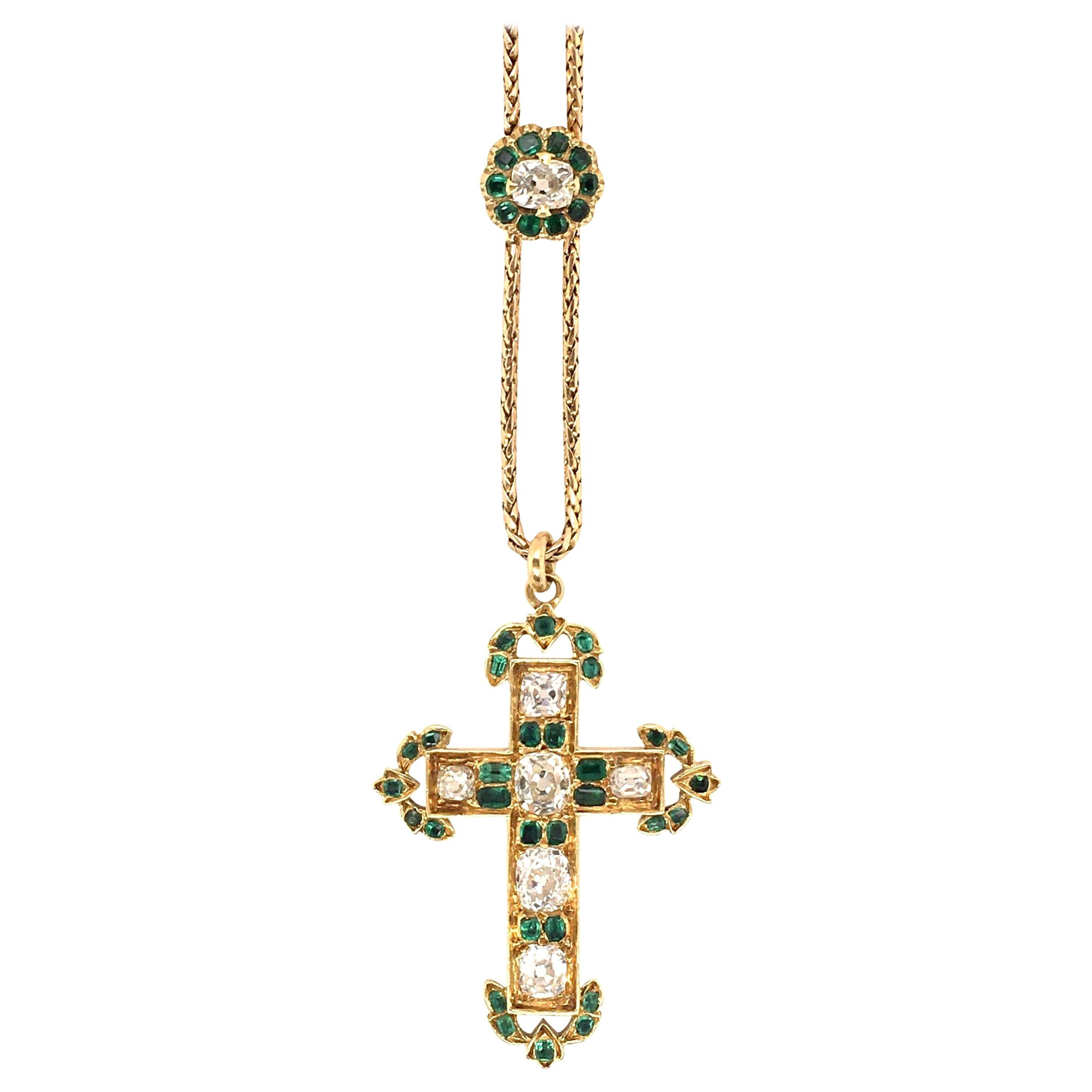 Antique Diamond, Emerald and Gold Cross Pendant Necklace