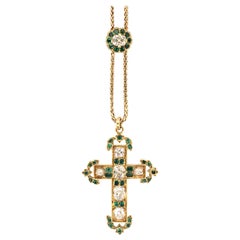 Antique Diamond, Emerald and Gold Cross Pendant Necklace