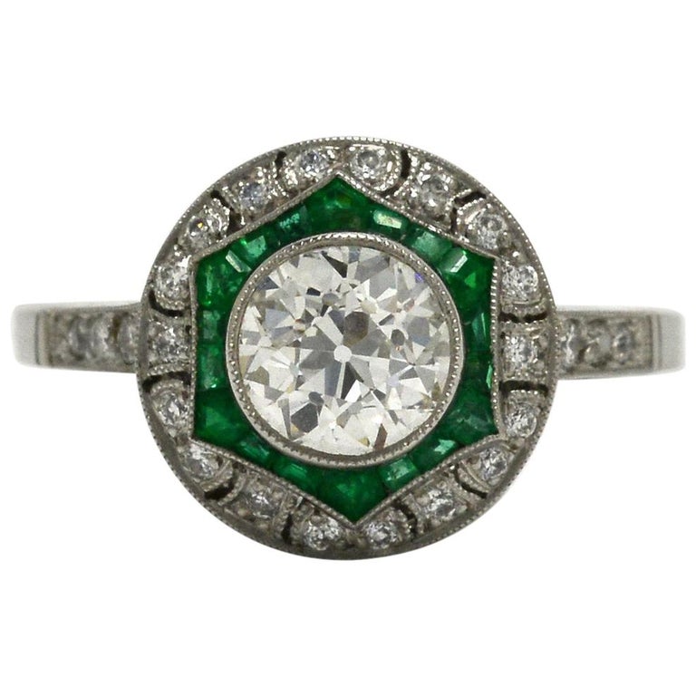 Antique Diamond Emerald Engagement Ring Art Deco Style Dome 2 Ctw Old Mine  Cut At 1Stdibs