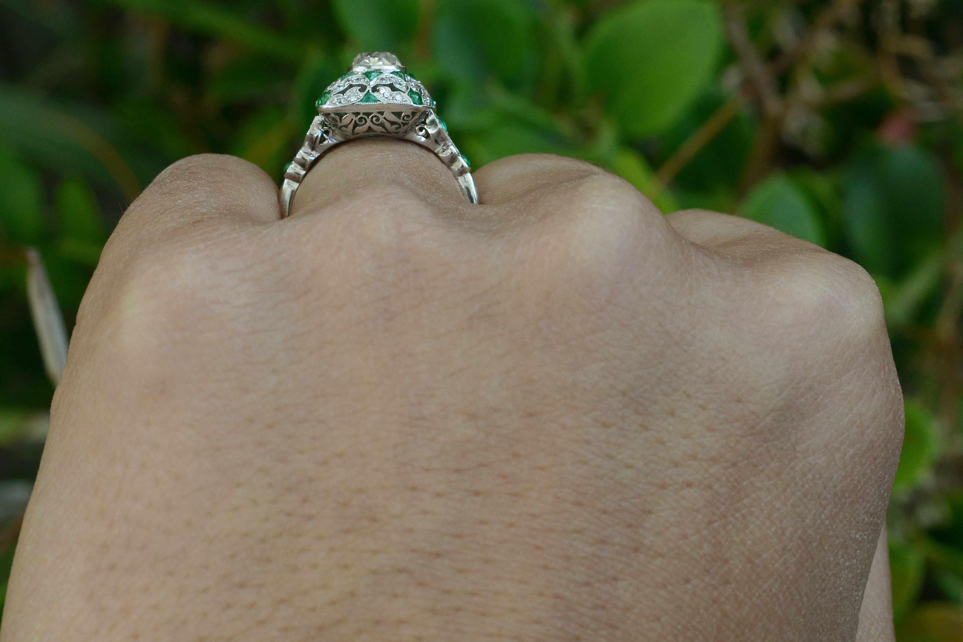 Art Deco Style Diamond Emerald Engagement Ring Old Mine Cut 1 Carat Cocktail (Edwardian)