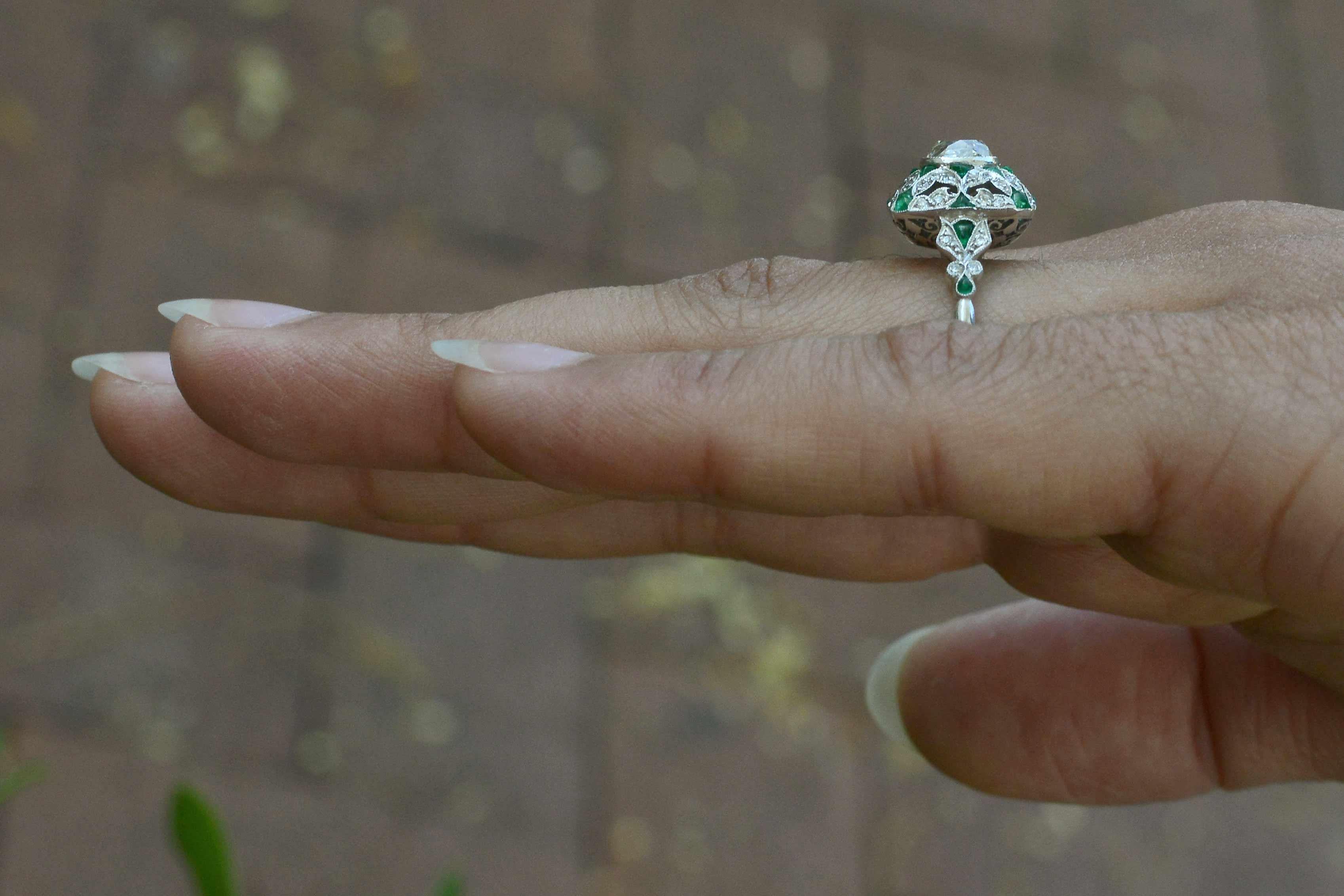 Edwardian Art Deco Style Diamond Emerald Engagement Ring Old Mine Cut 1 Carat Cocktail
